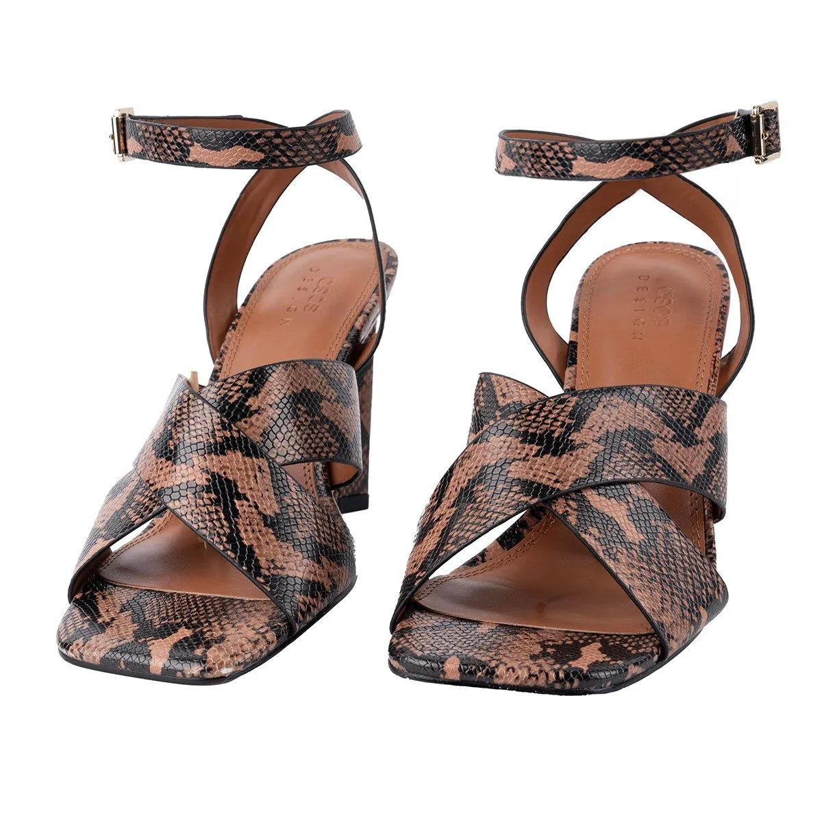 Asos Strap High-Heel Sandals Snakeskin Embossed Leather Brown Colour For Women
