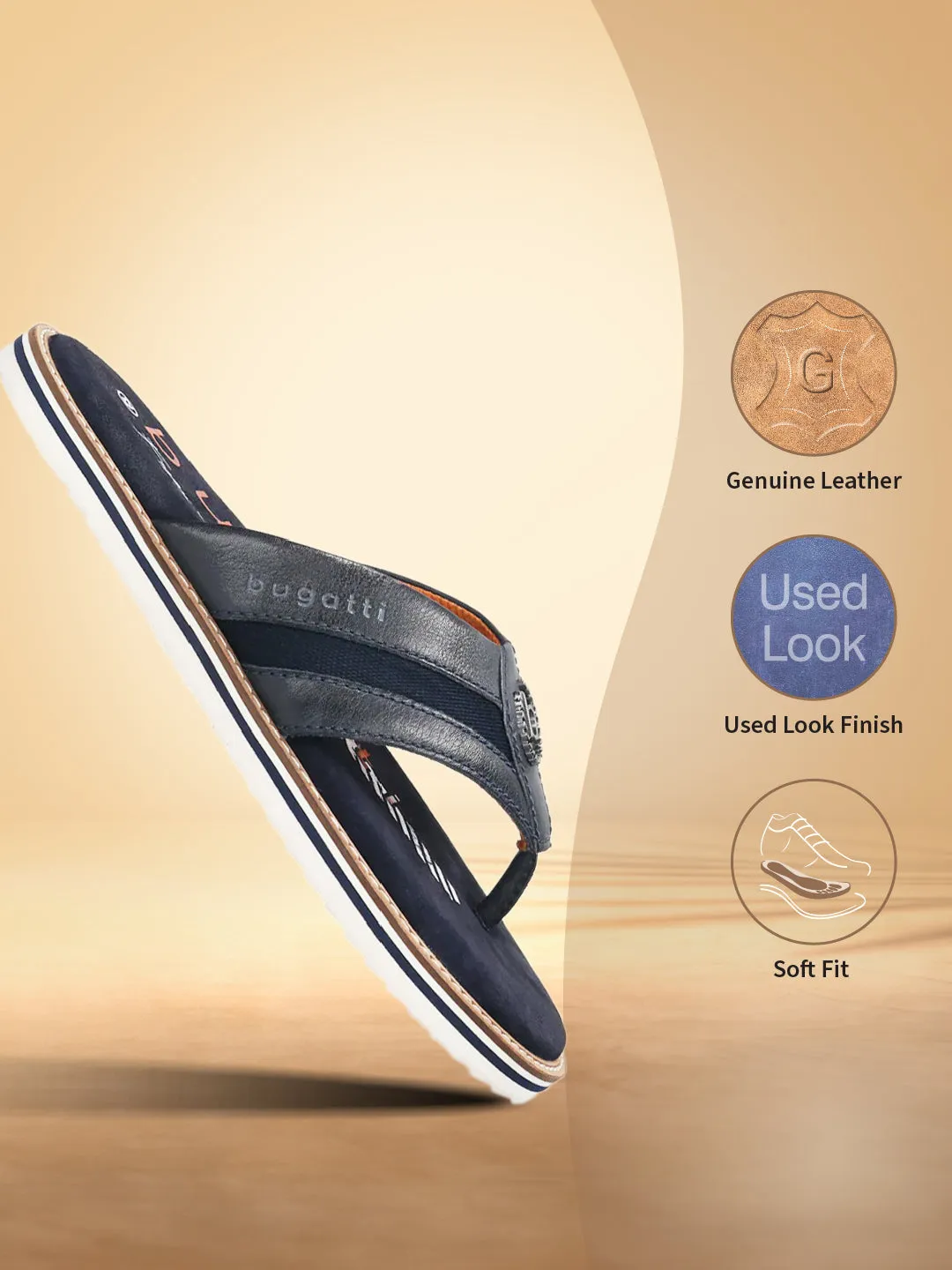 bugatti Dark Blue Premium Leather Thongs Sandals