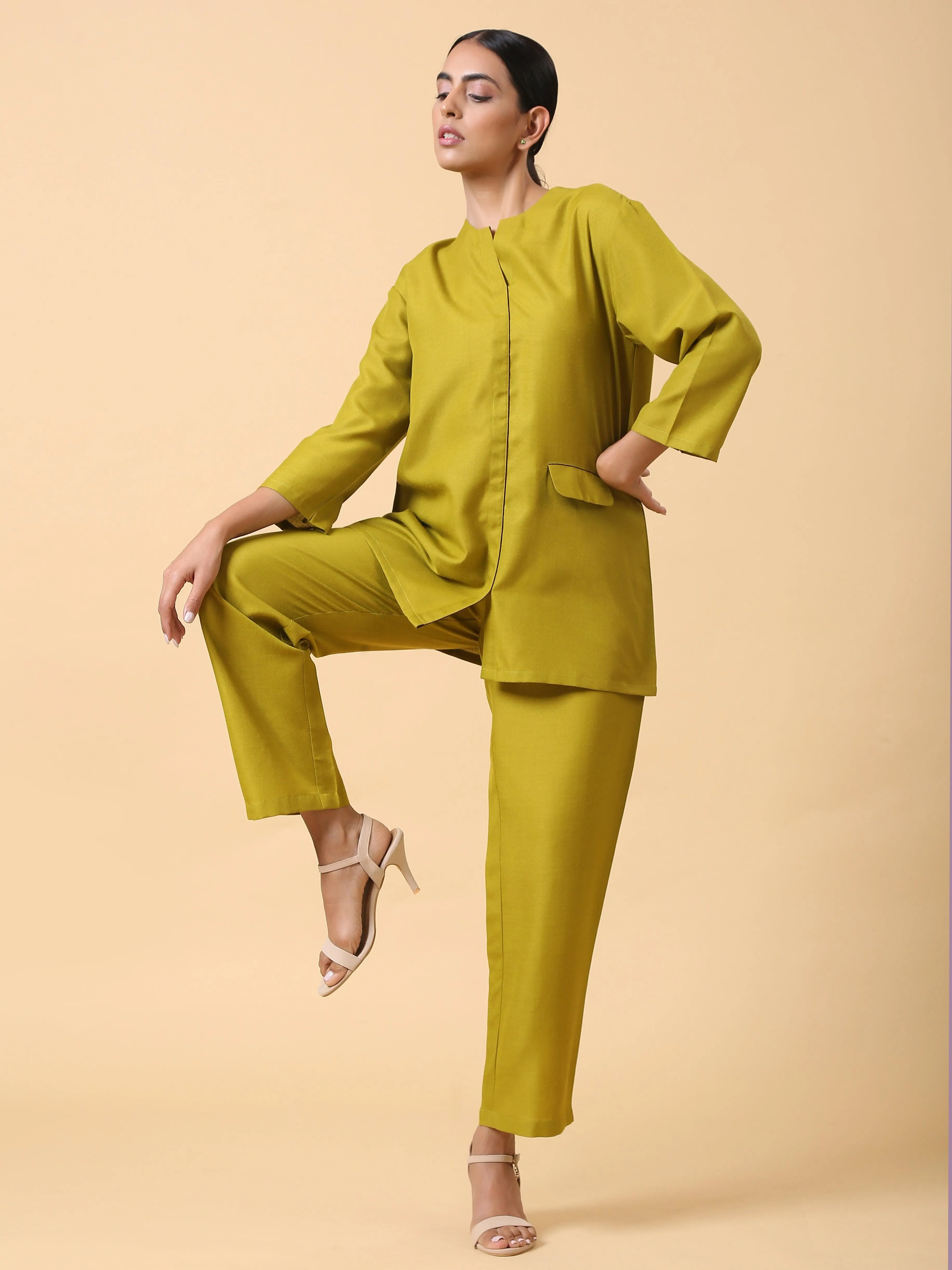 Cotton Linen Lime Green Relaxed Placket Co-Ord Set