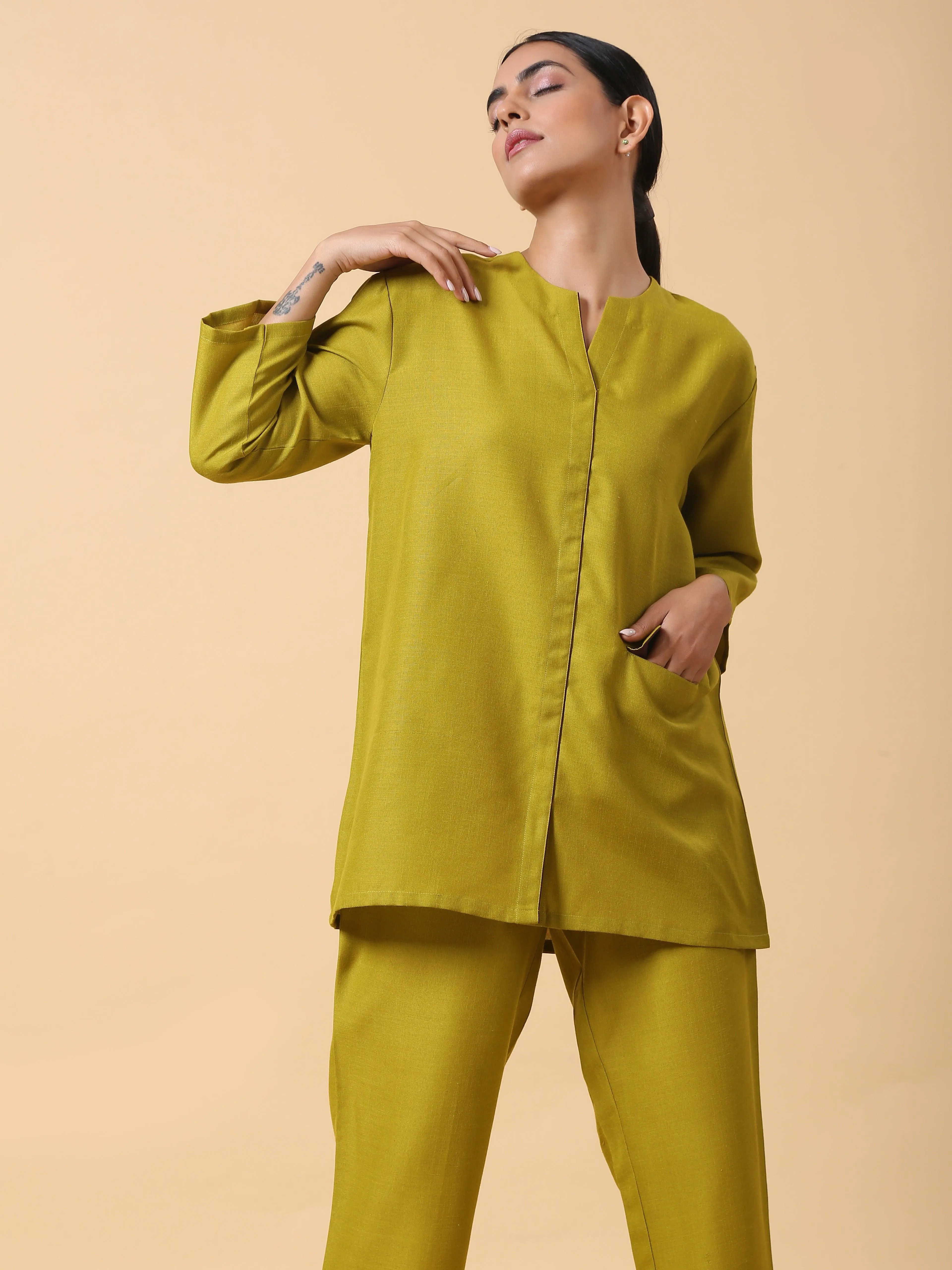Cotton Linen Lime Green Relaxed Placket Co-Ord Set