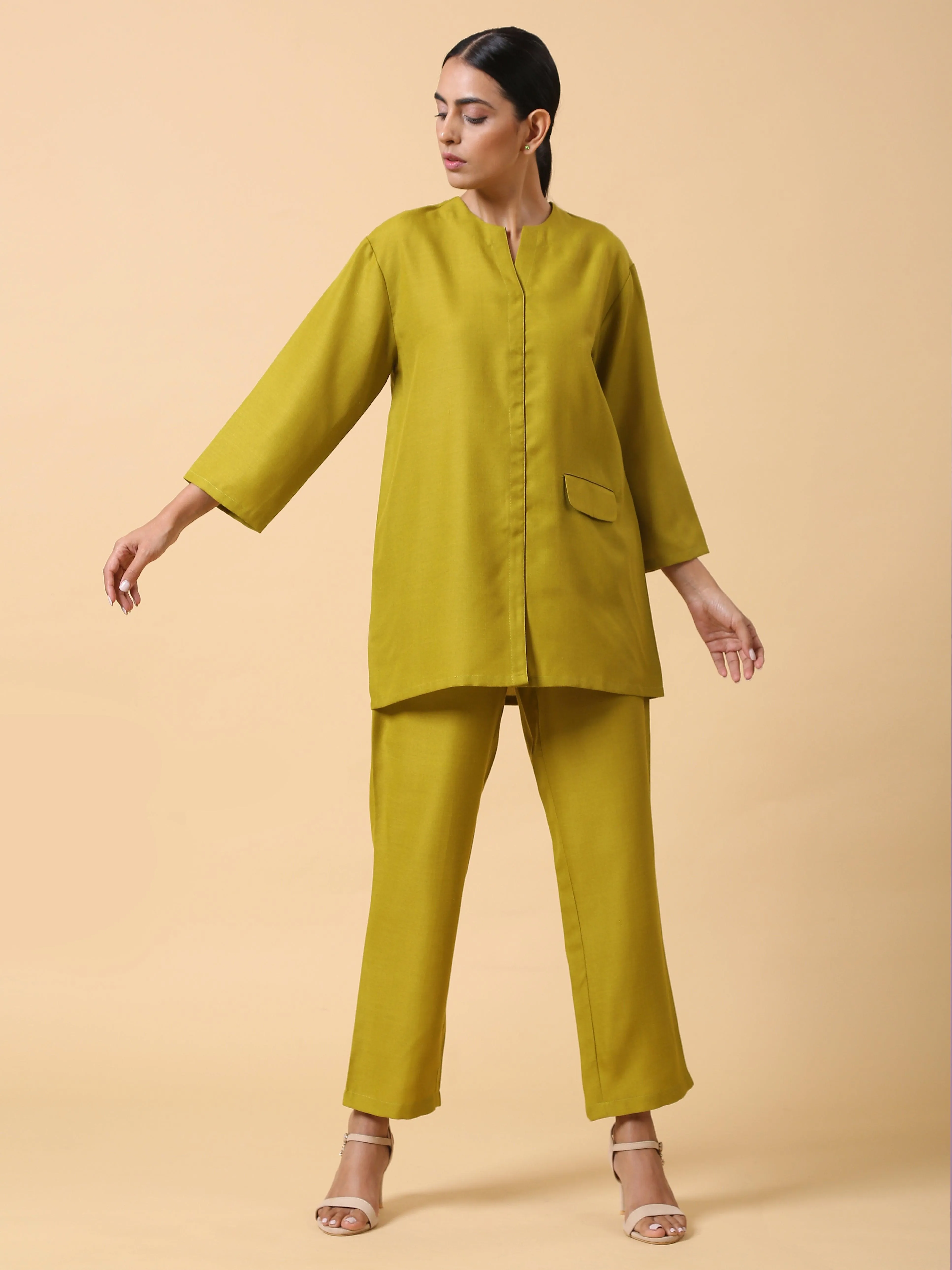 Cotton Linen Lime Green Relaxed Placket Co-Ord Set