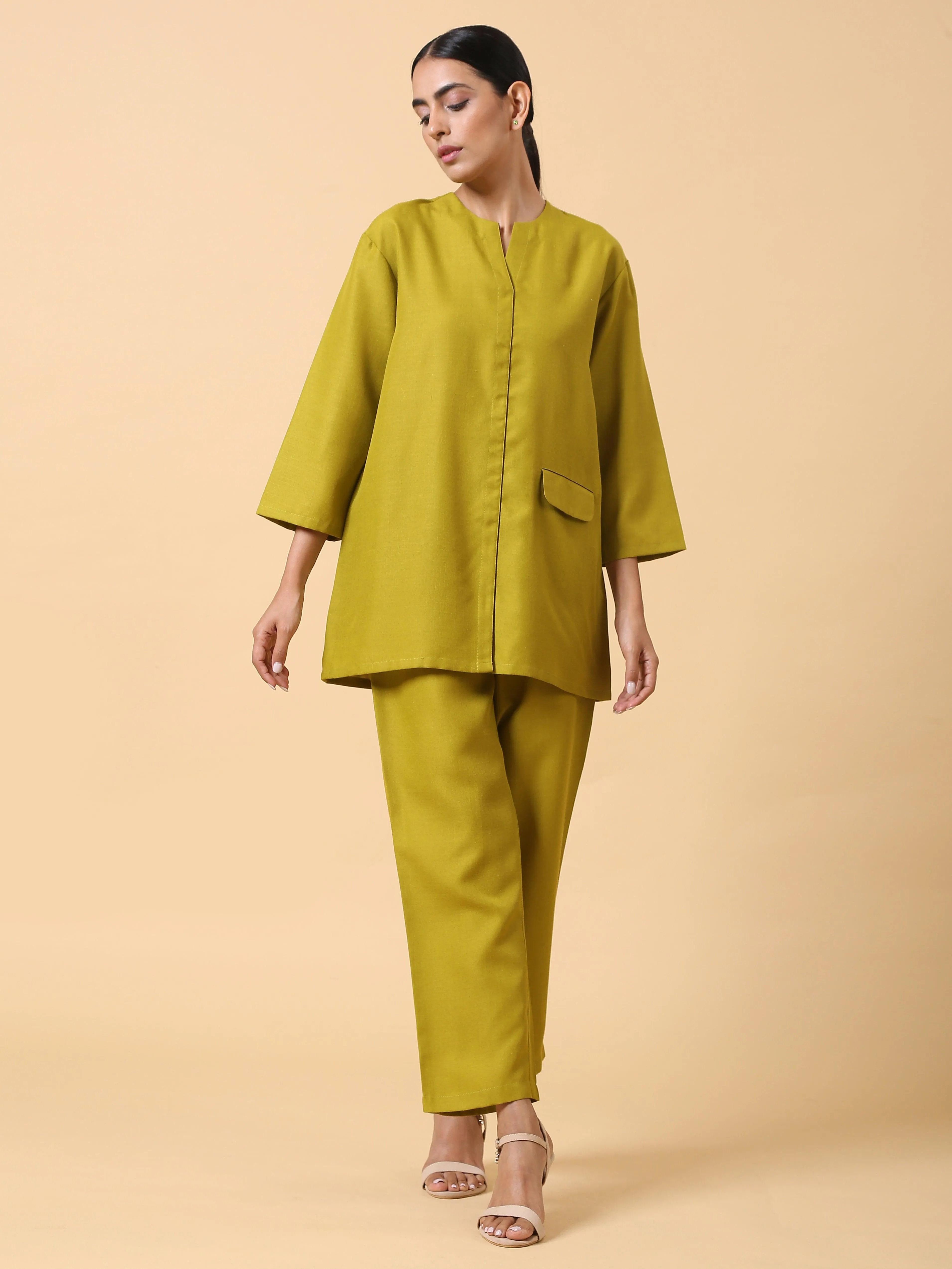 Cotton Linen Lime Green Relaxed Placket Co-Ord Set