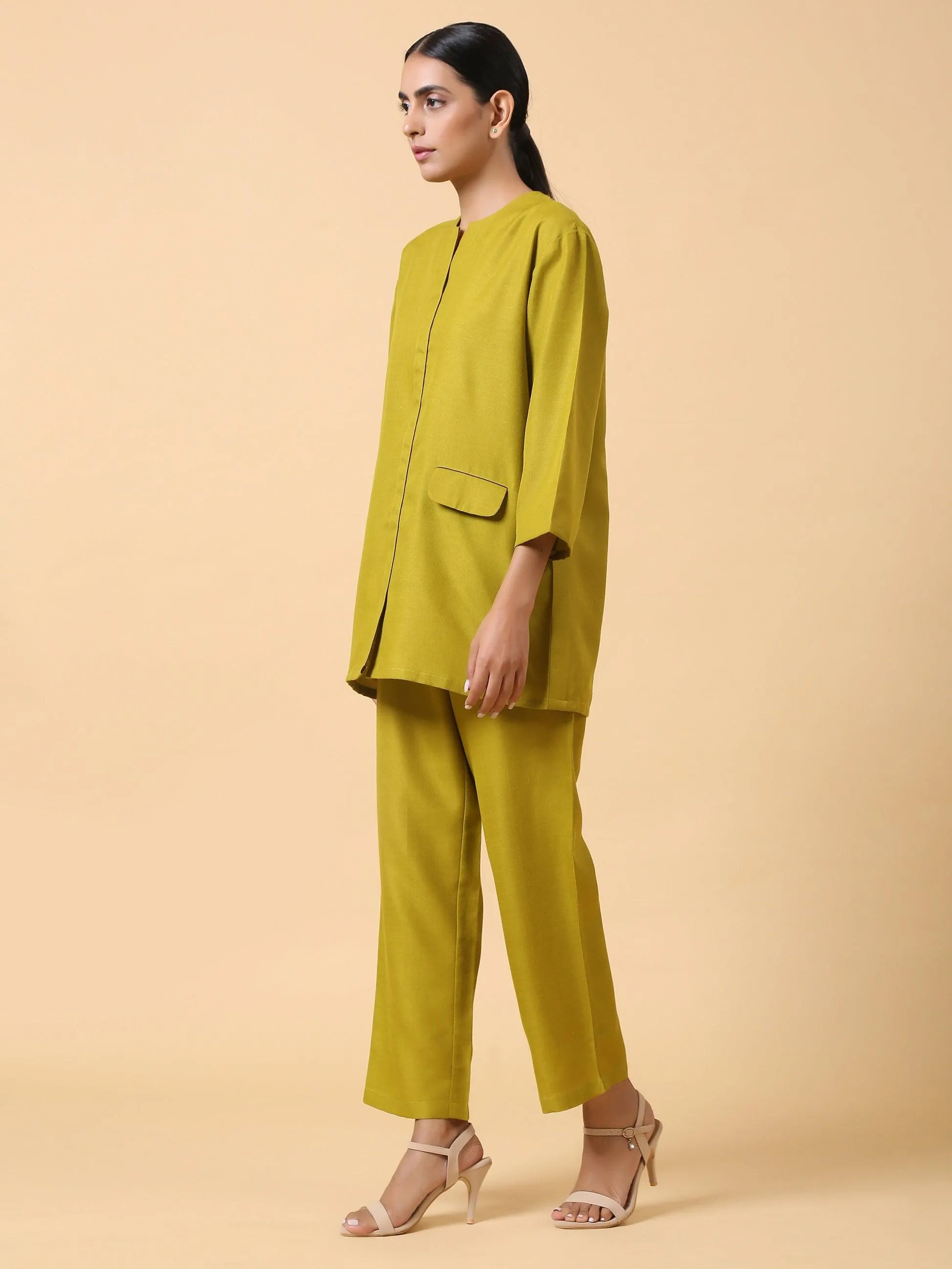 Cotton Linen Lime Green Relaxed Placket Co-Ord Set