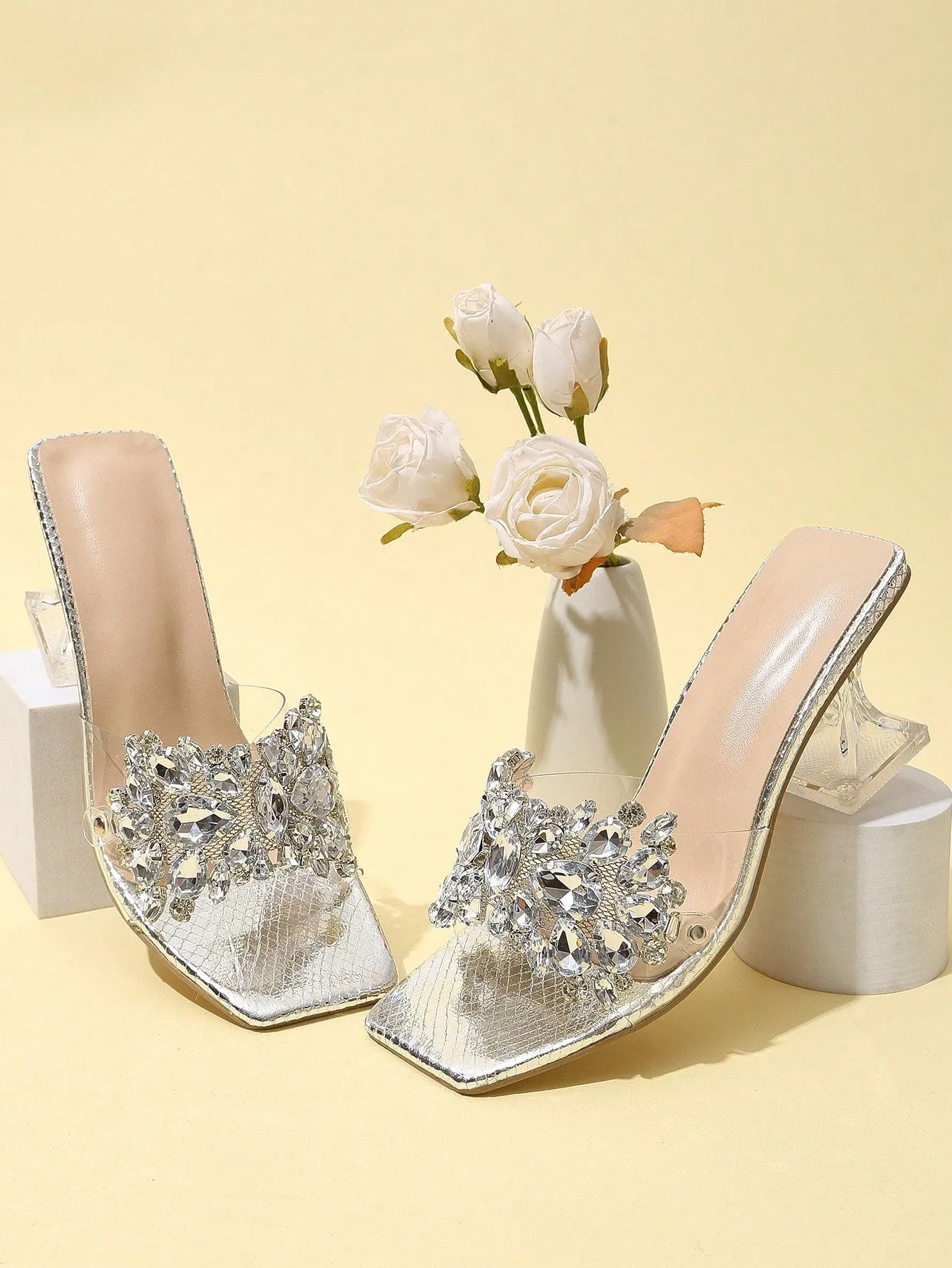 Fashionable & Shiny Rhinestone Decorated Buckle, Clear & Asymmetric Design Women's High Heel Wedding Sandals