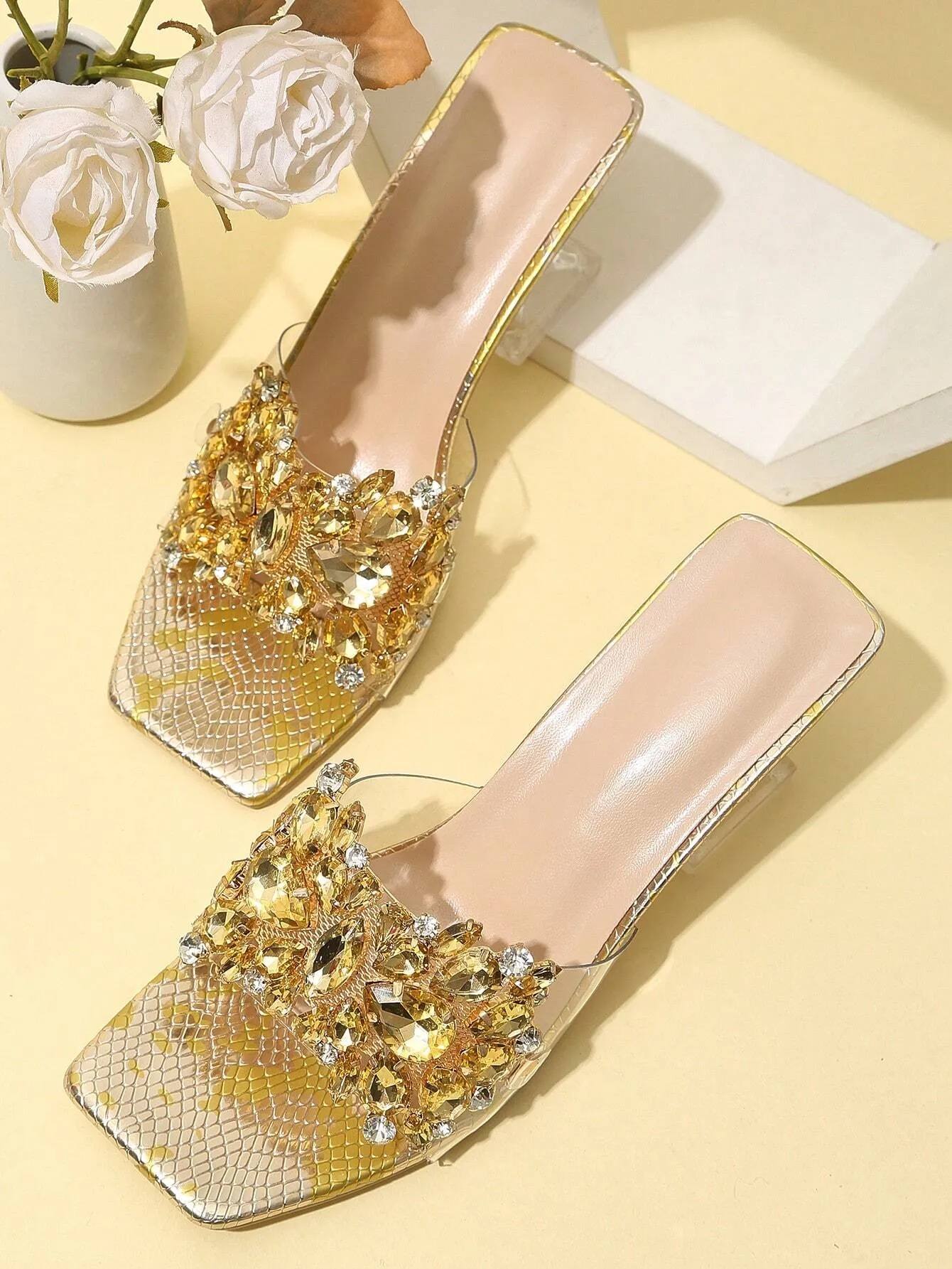 Fashionable & Shiny Rhinestone Decorated Buckle, Clear & Asymmetric Design Women's High Heel Wedding Sandals