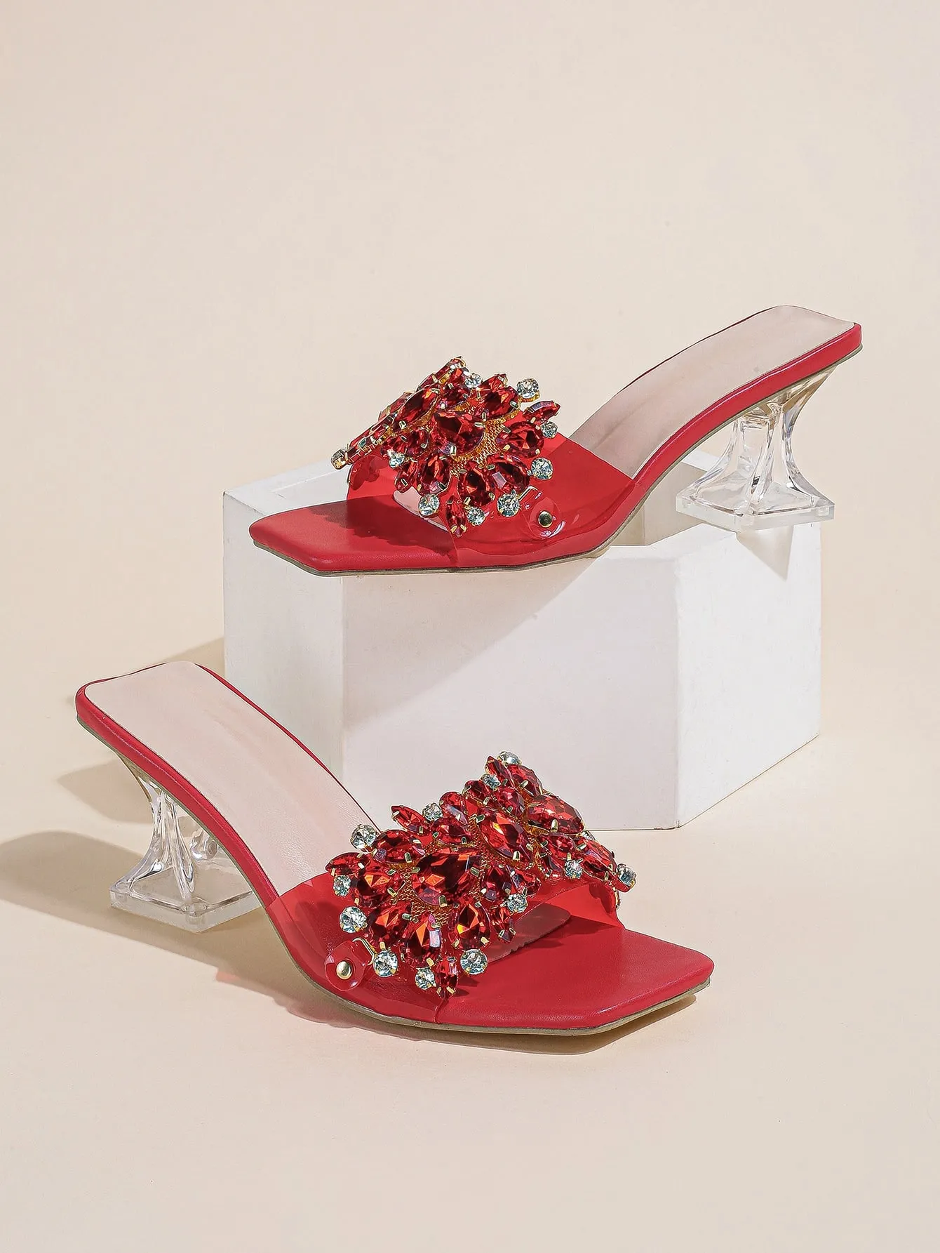 Fashionable & Shiny Rhinestone Decorated Buckle, Clear & Asymmetric Design Women's High Heel Wedding Sandals