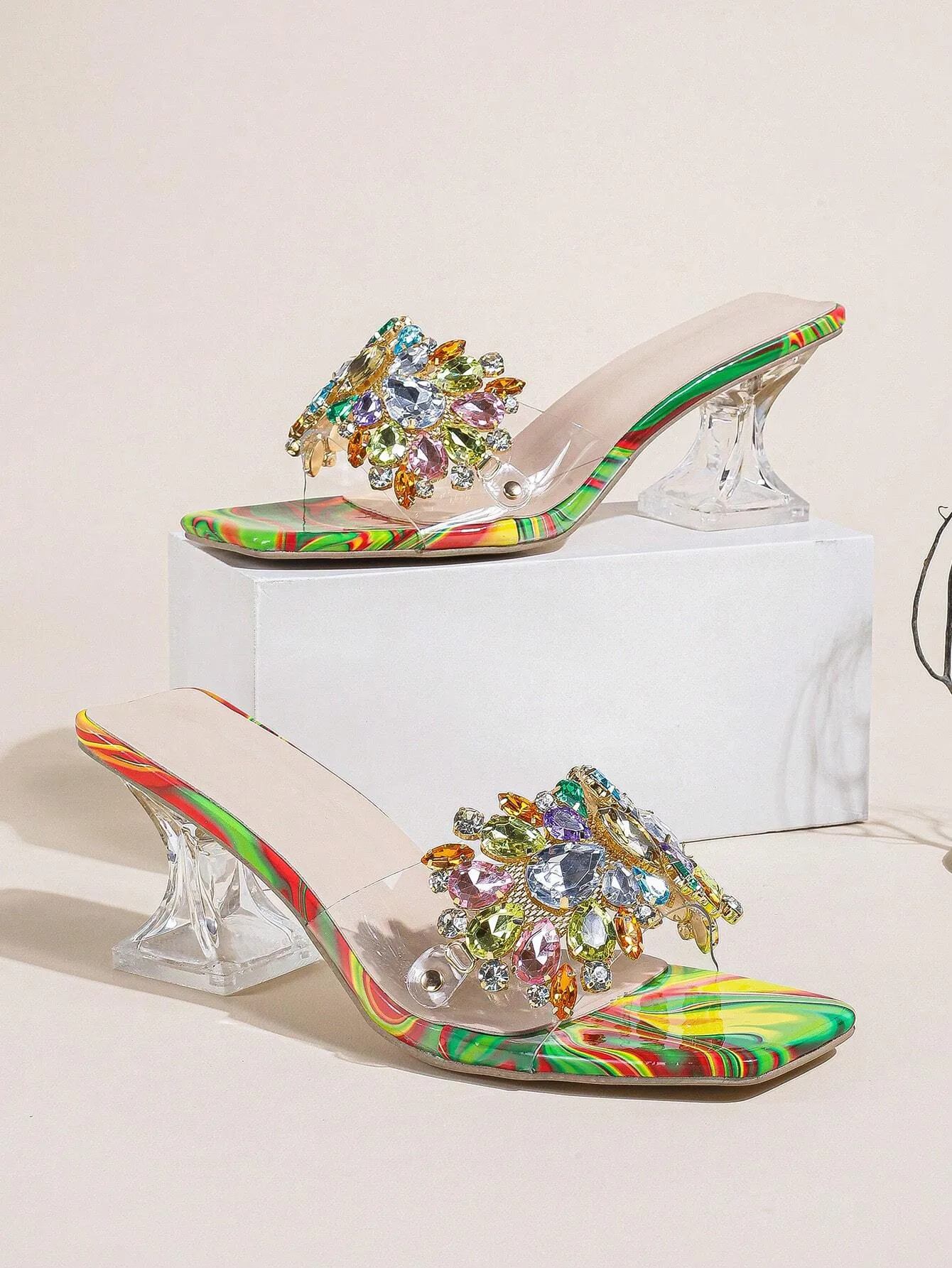 Fashionable & Shiny Rhinestone Decorated Buckle, Clear & Asymmetric Design Women's High Heel Wedding Sandals