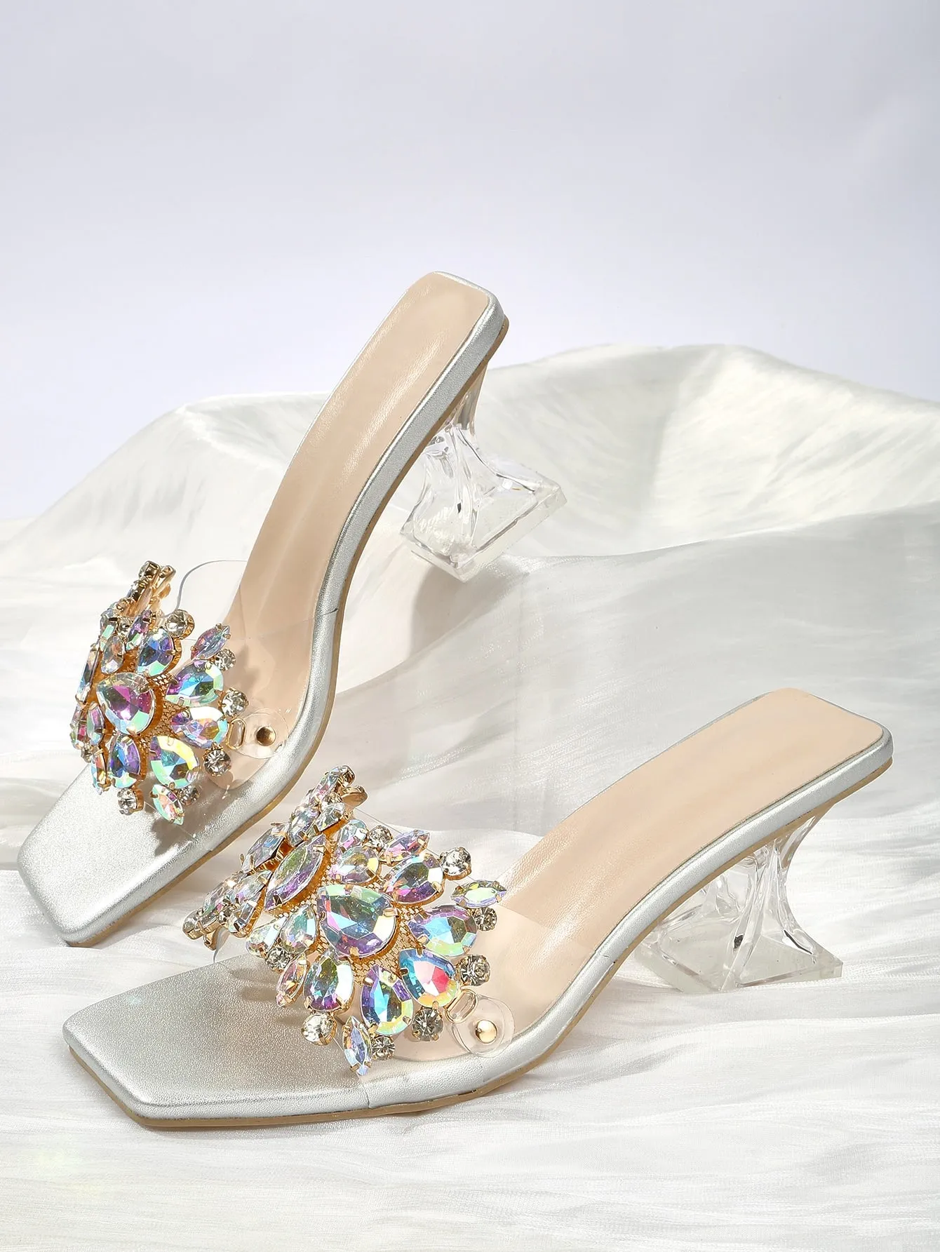 Fashionable & Shiny Rhinestone Decorated Buckle, Clear & Asymmetric Design Women's High Heel Wedding Sandals