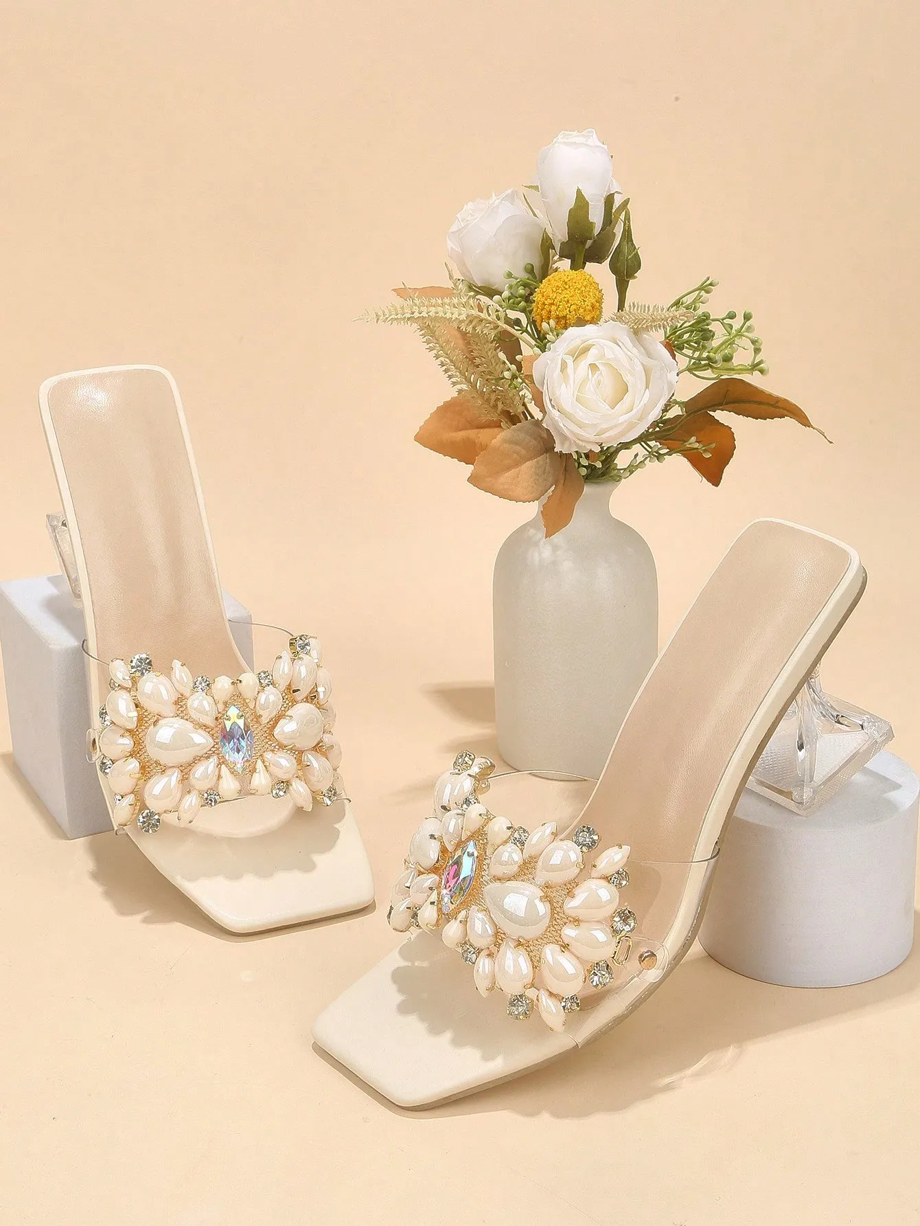 Fashionable & Shiny Rhinestone Decorated Buckle, Clear & Asymmetric Design Women's High Heel Wedding Sandals