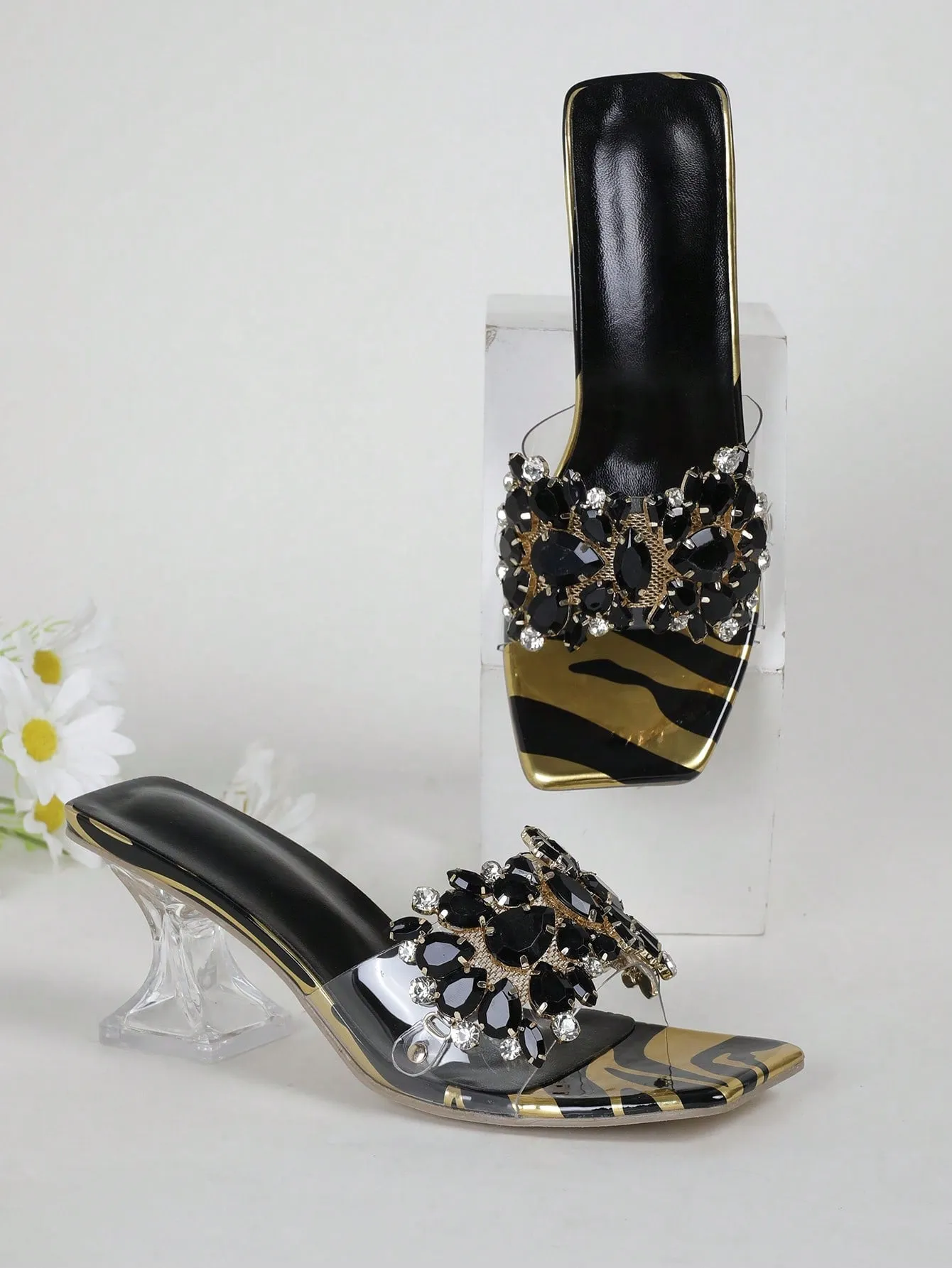 Fashionable & Shiny Rhinestone Decorated Buckle, Clear & Asymmetric Design Women's High Heel Wedding Sandals