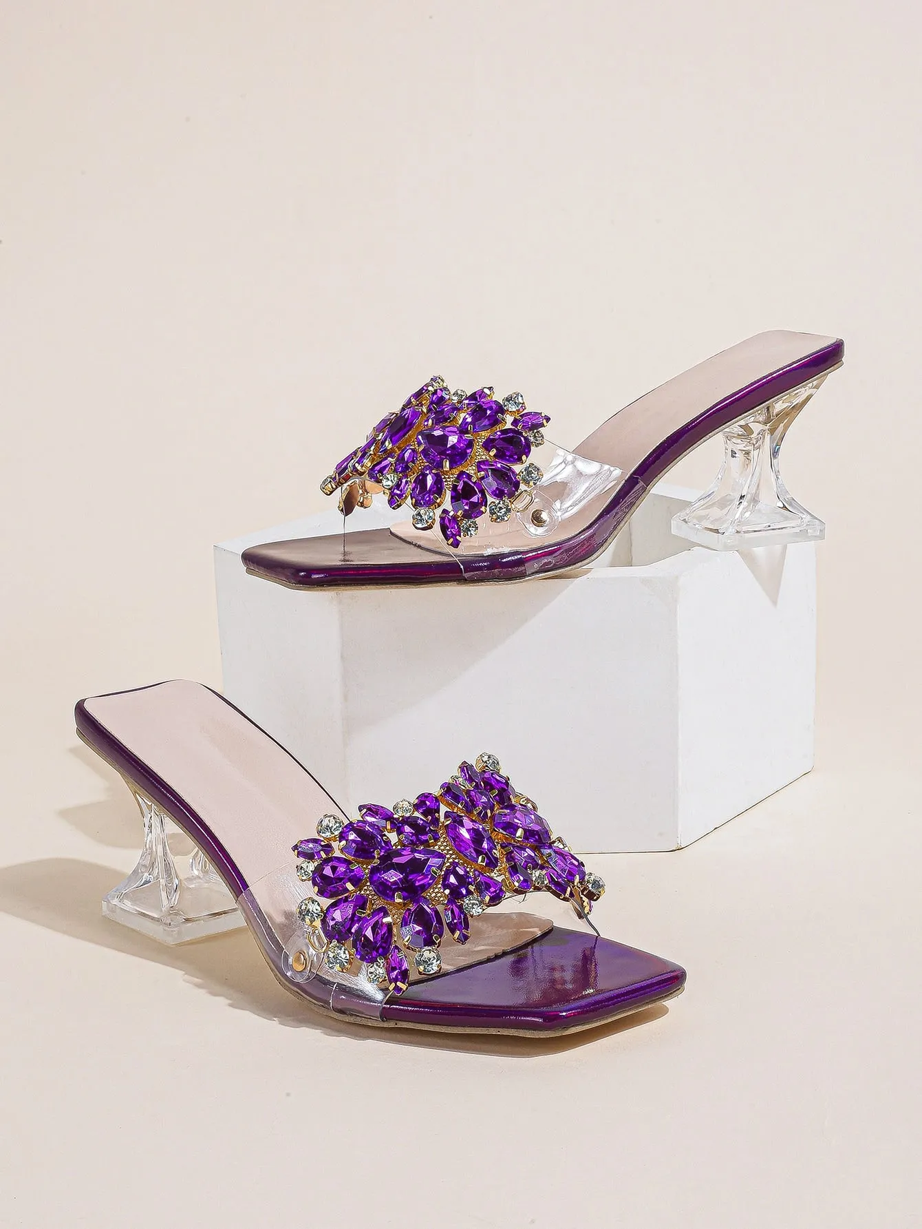 Fashionable & Shiny Rhinestone Decorated Buckle, Clear & Asymmetric Design Women's High Heel Wedding Sandals