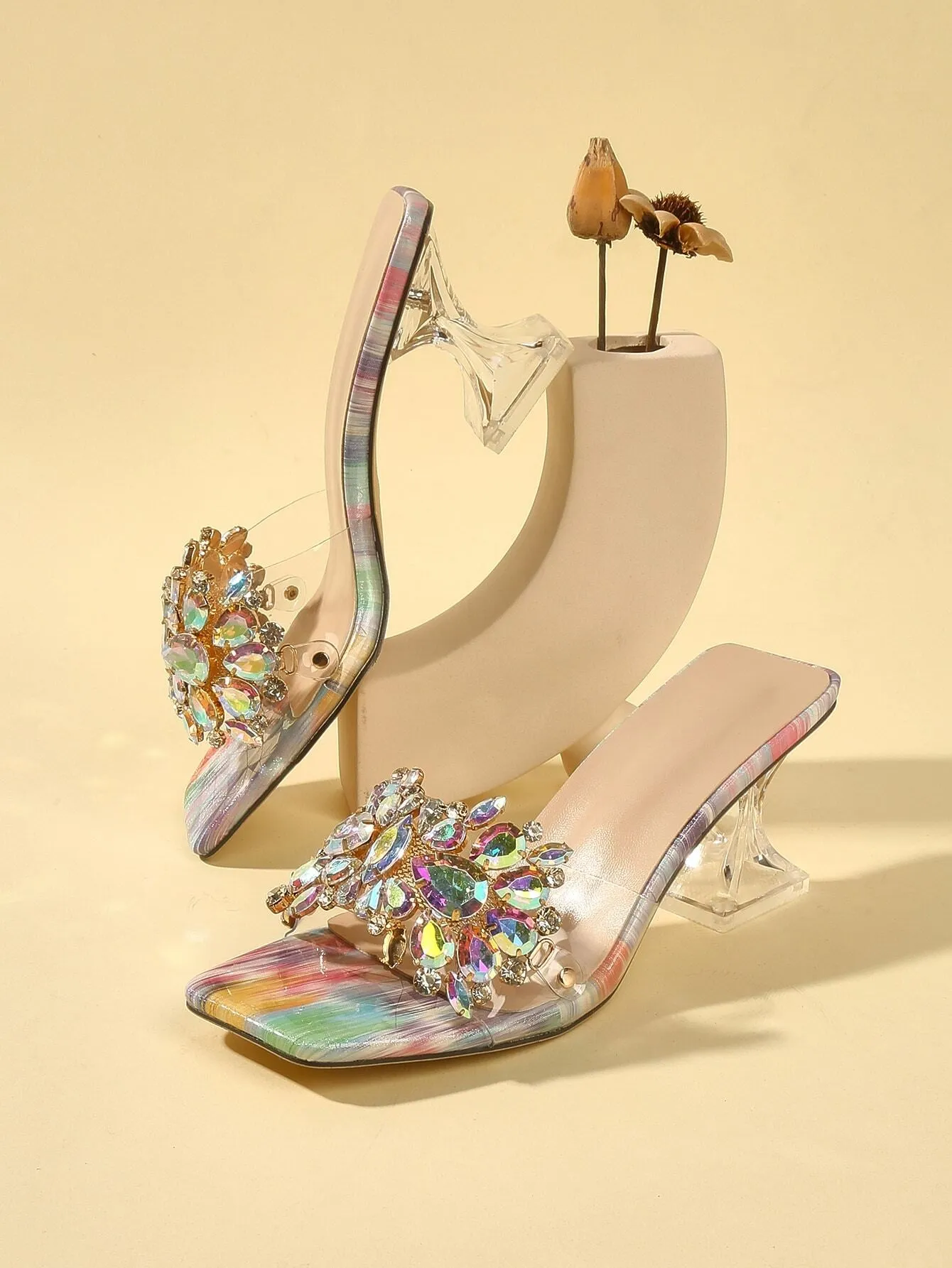 Fashionable & Shiny Rhinestone Decorated Buckle, Clear & Asymmetric Design Women's High Heel Wedding Sandals