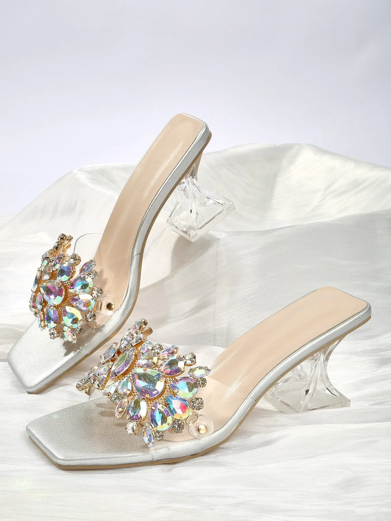 Fashionable & Shiny Rhinestone Decorated Buckle, Clear & Asymmetric Design Women's High Heel Wedding Sandals