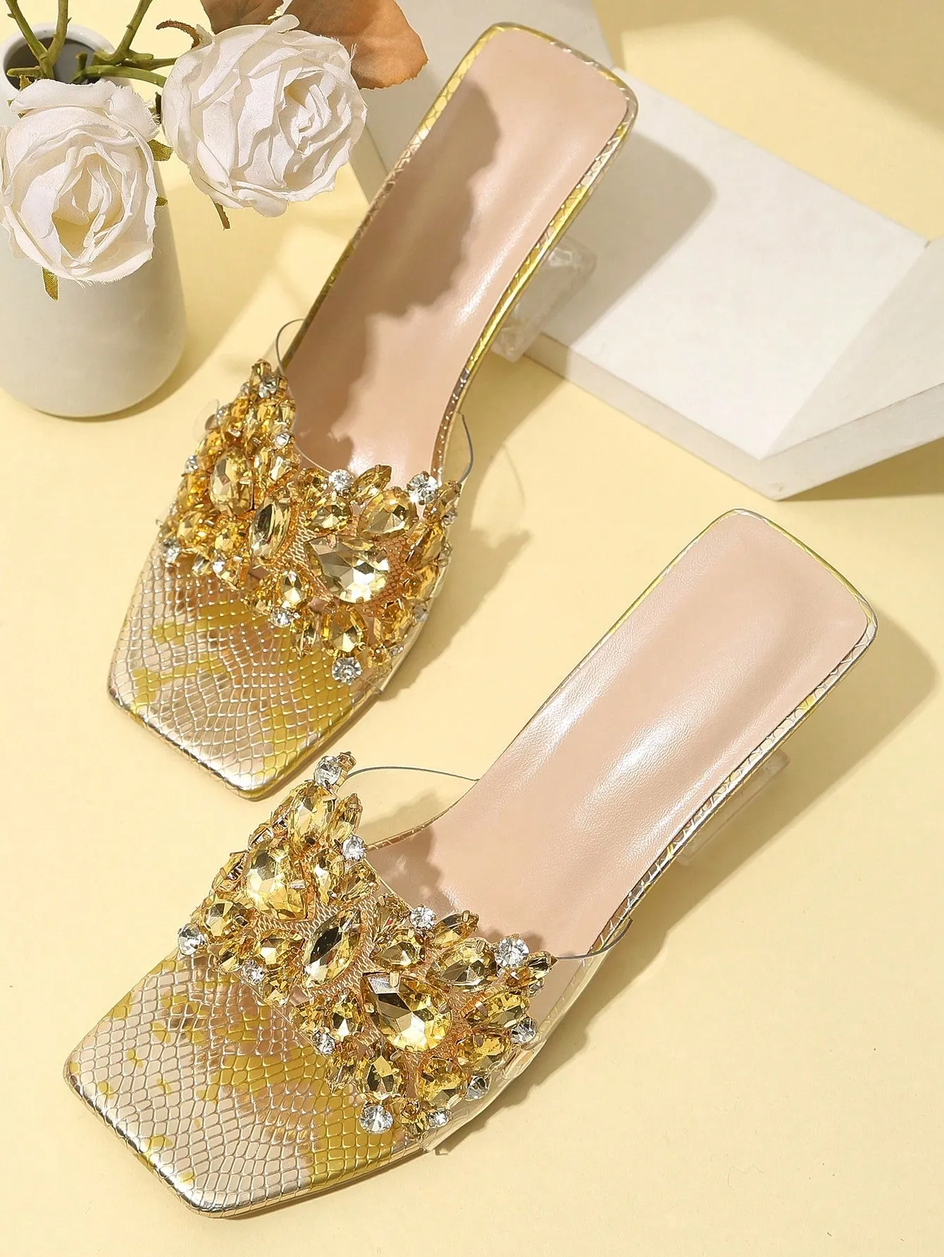 Fashionable & Shiny Rhinestone Decorated Buckle, Clear & Asymmetric Design Women's High Heel Wedding Sandals