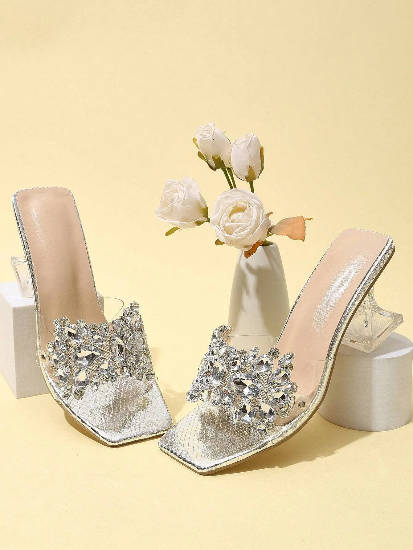 Fashionable & Shiny Rhinestone Decorated Buckle, Clear & Asymmetric Design Women's High Heel Wedding Sandals