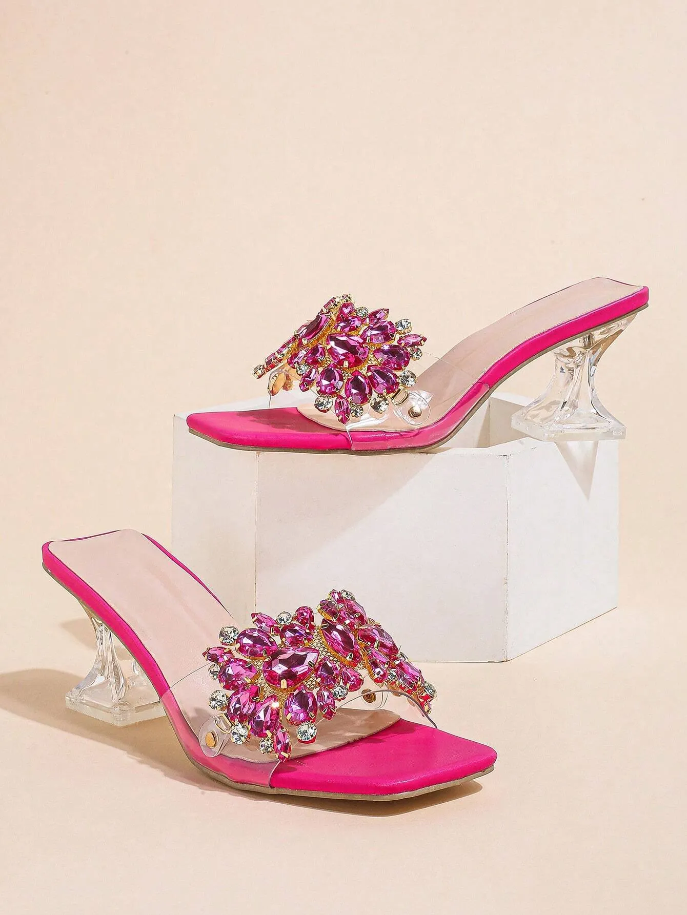 Fashionable & Shiny Rhinestone Decorated Buckle, Clear & Asymmetric Design Women's High Heel Wedding Sandals