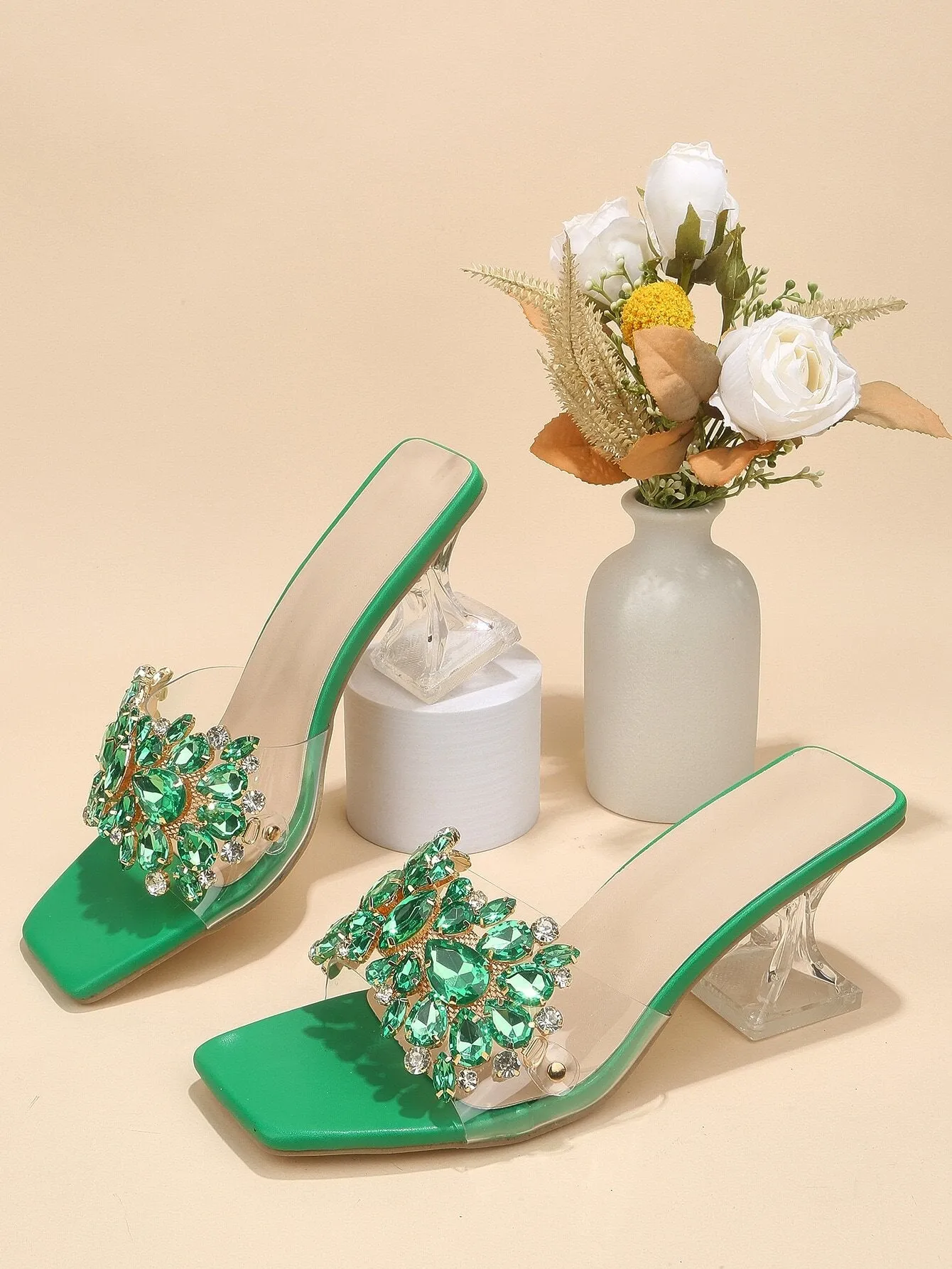 Fashionable & Shiny Rhinestone Decorated Buckle, Clear & Asymmetric Design Women's High Heel Wedding Sandals