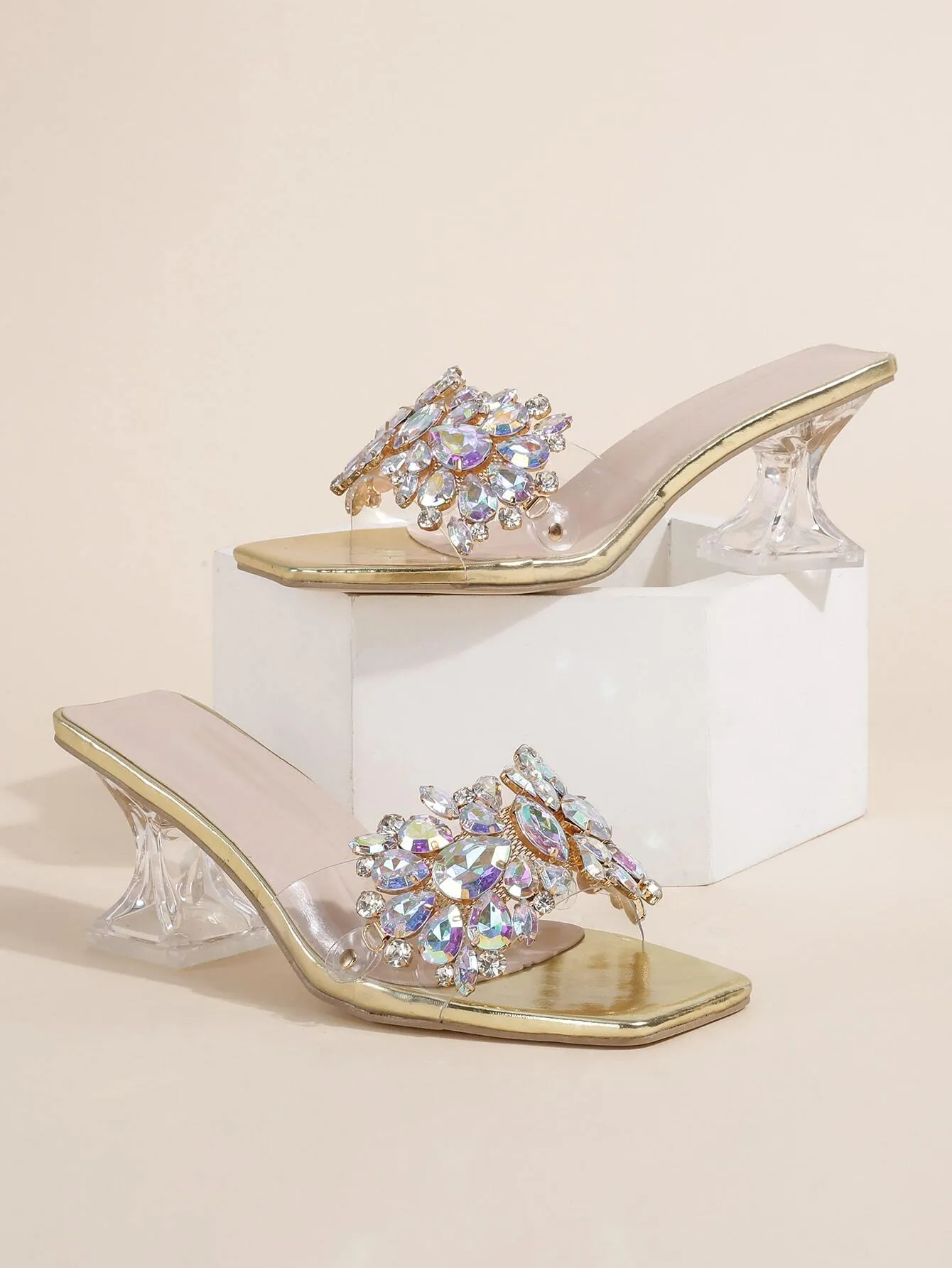 Fashionable & Shiny Rhinestone Decorated Buckle, Clear & Asymmetric Design Women's High Heel Wedding Sandals