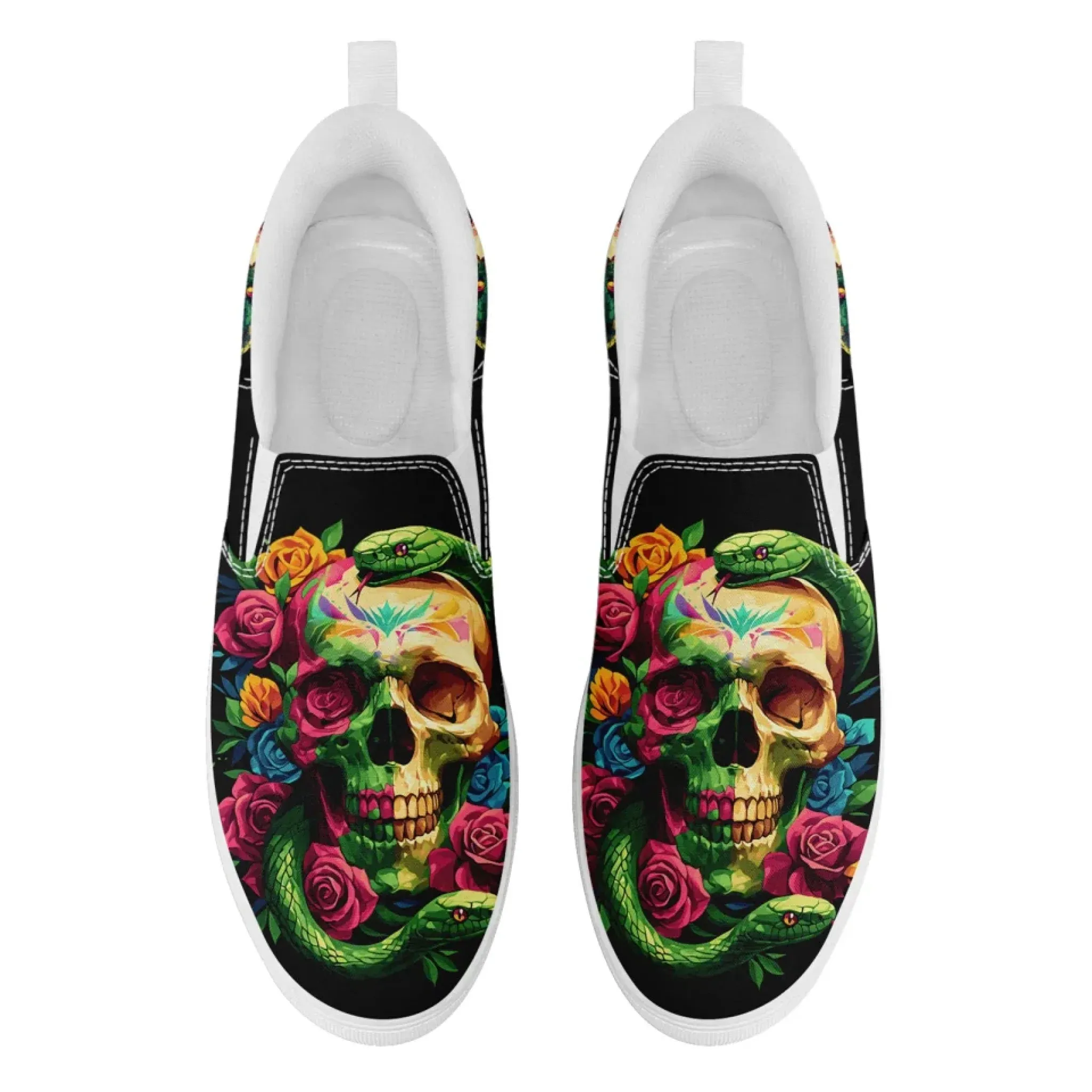 Personalized Gothic Fashion Sneakers, Custom Skull Slip On Shoes, Skeleton Unisex Comfort Shoes