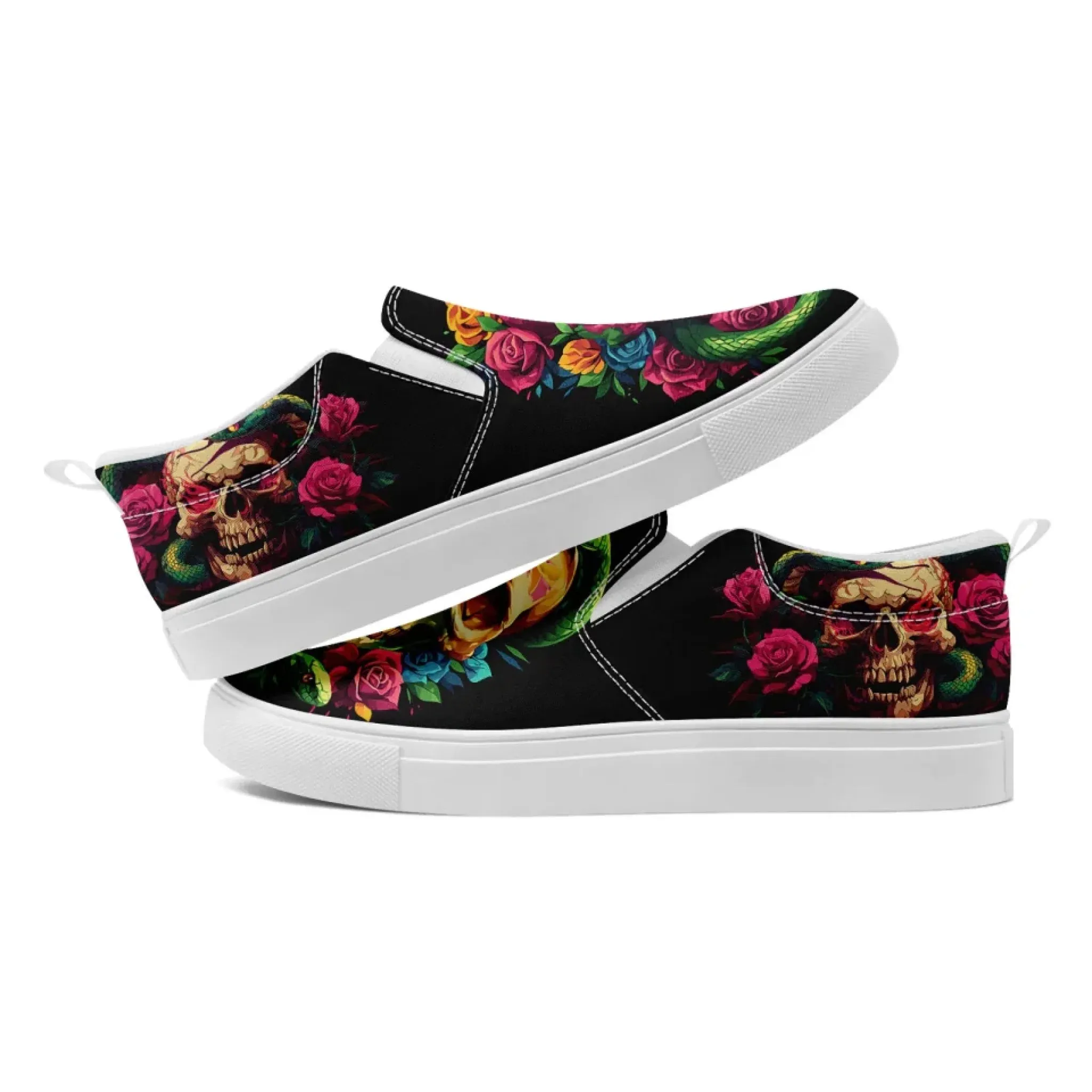 Personalized Gothic Fashion Sneakers, Custom Skull Slip On Shoes, Skeleton Unisex Comfort Shoes