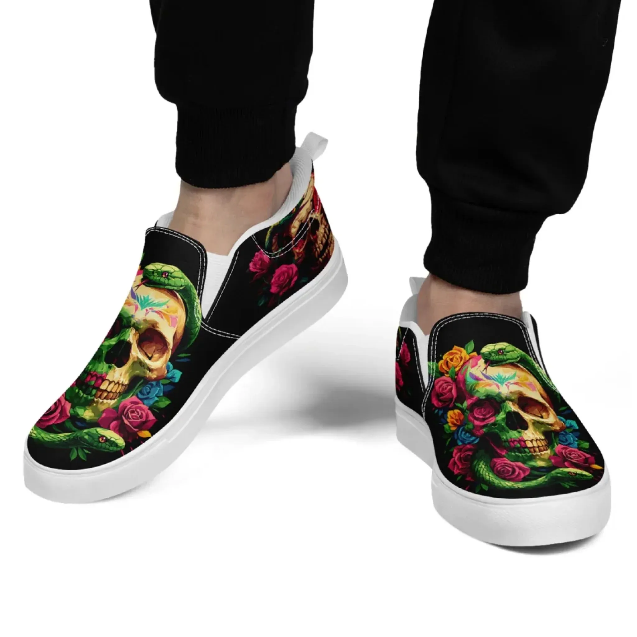 Personalized Gothic Fashion Sneakers, Custom Skull Slip On Shoes, Skeleton Unisex Comfort Shoes