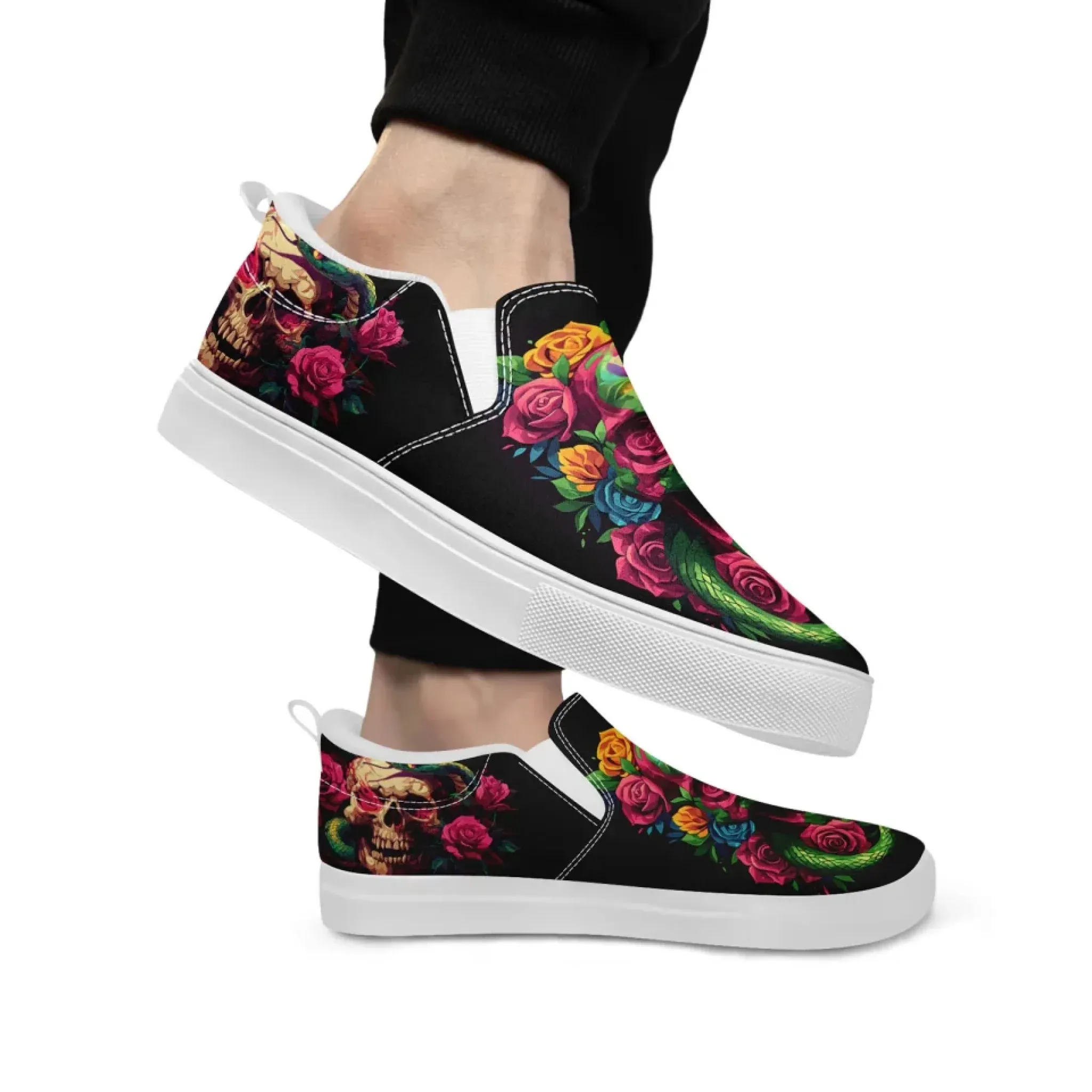 Personalized Gothic Fashion Sneakers, Custom Skull Slip On Shoes, Skeleton Unisex Comfort Shoes