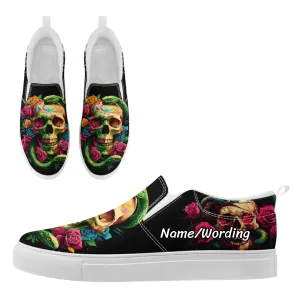 Personalized Gothic Fashion Sneakers, Custom Skull Slip On Shoes, Skeleton Unisex Comfort Shoes