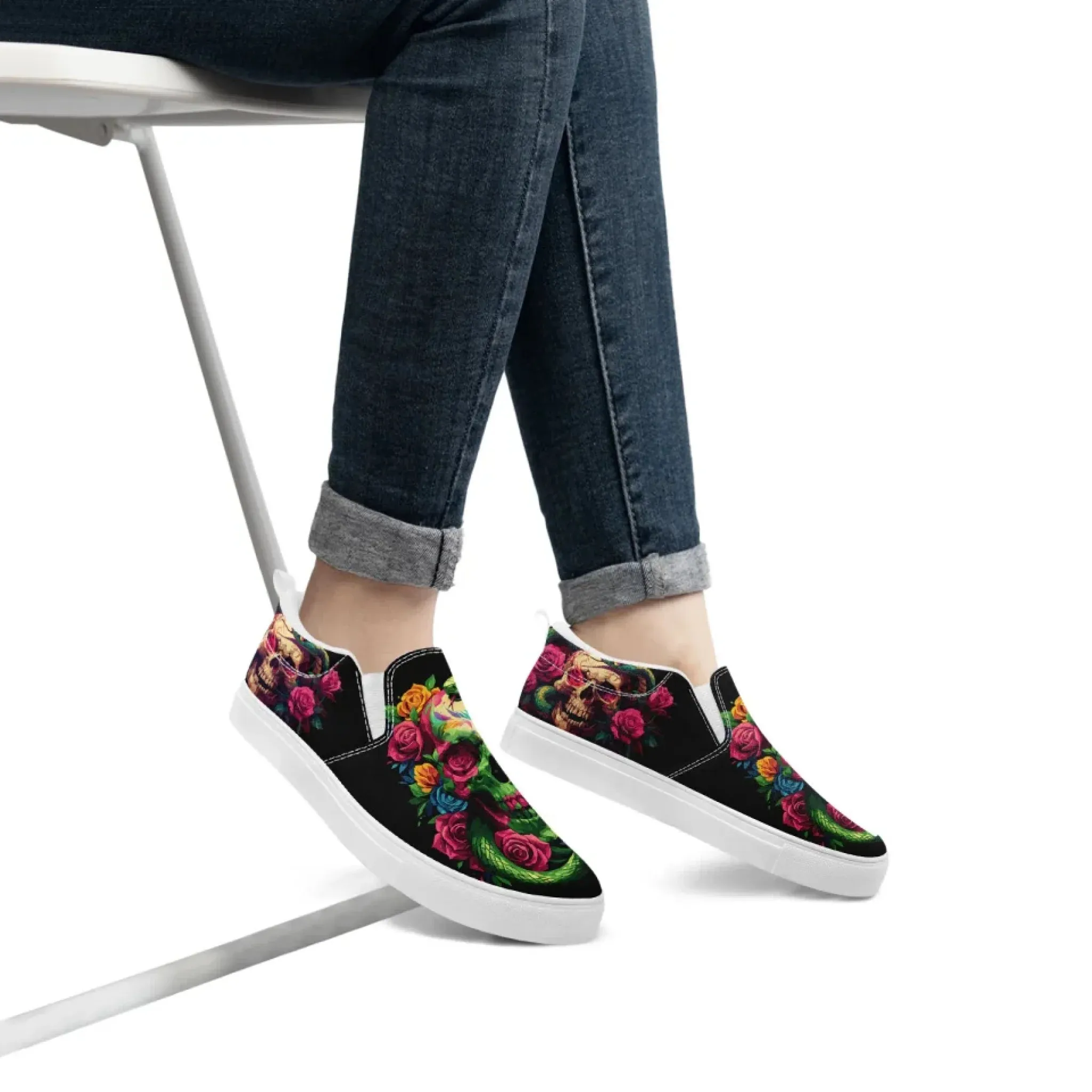 Personalized Gothic Fashion Sneakers, Custom Skull Slip On Shoes, Skeleton Unisex Comfort Shoes