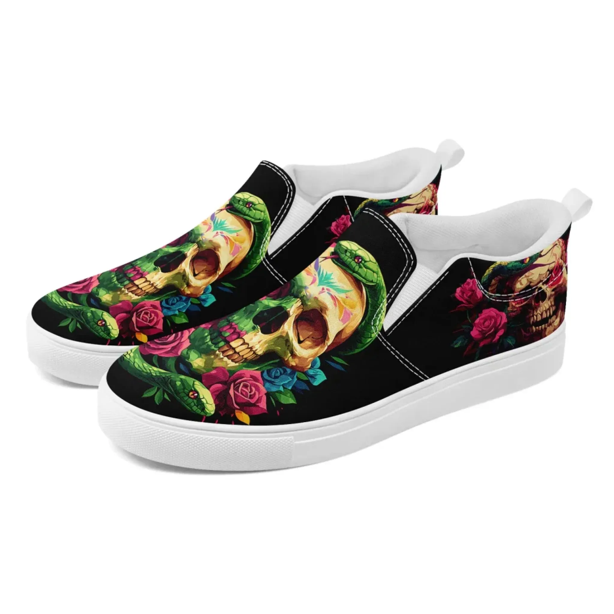 Personalized Gothic Fashion Sneakers, Custom Skull Slip On Shoes, Skeleton Unisex Comfort Shoes
