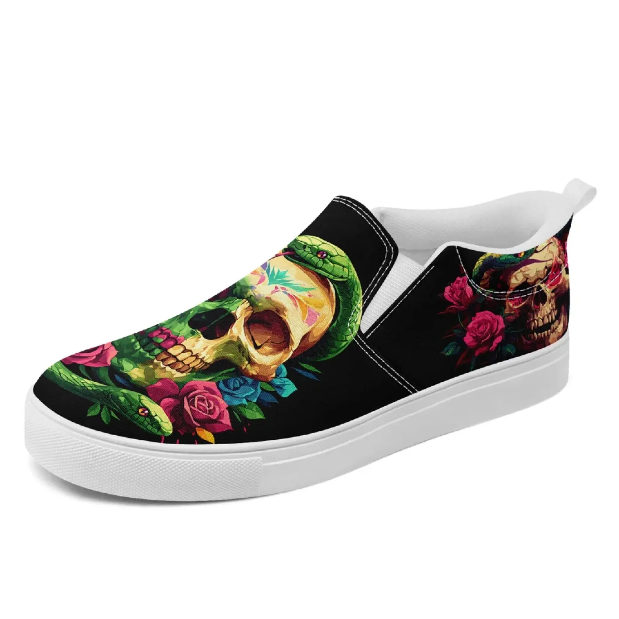 Personalized Gothic Fashion Sneakers, Custom Skull Slip On Shoes, Skeleton Unisex Comfort Shoes