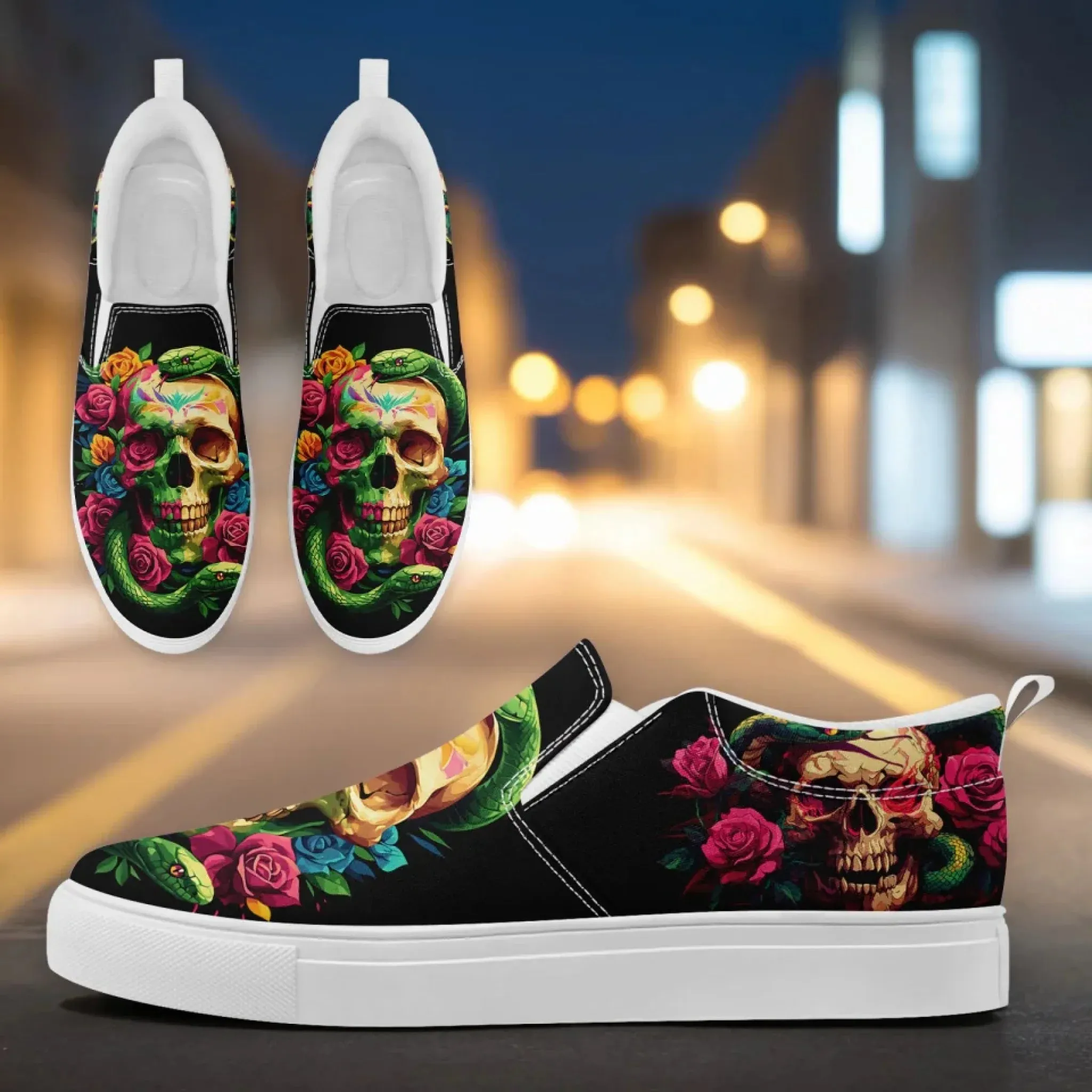 Personalized Gothic Fashion Sneakers, Custom Skull Slip On Shoes, Skeleton Unisex Comfort Shoes