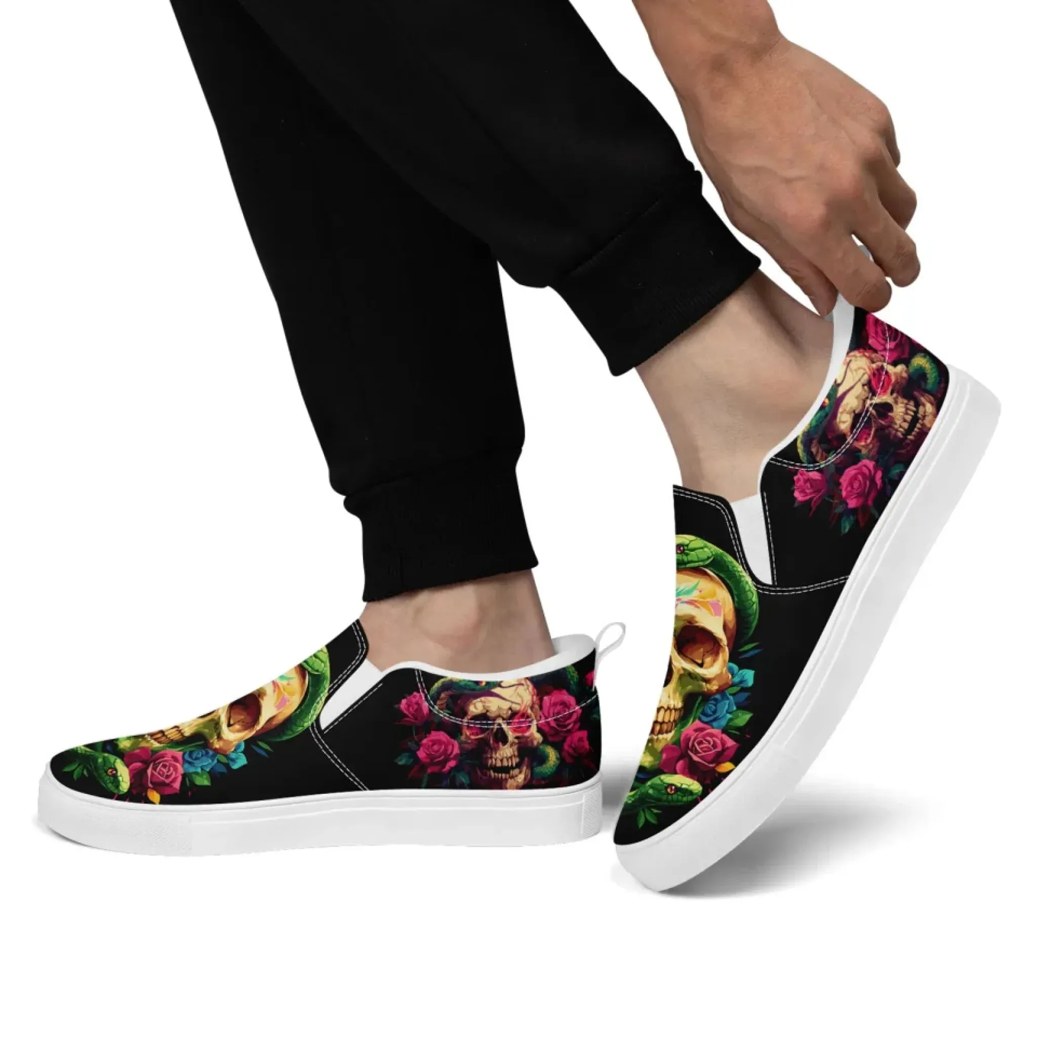 Personalized Gothic Fashion Sneakers, Custom Skull Slip On Shoes, Skeleton Unisex Comfort Shoes