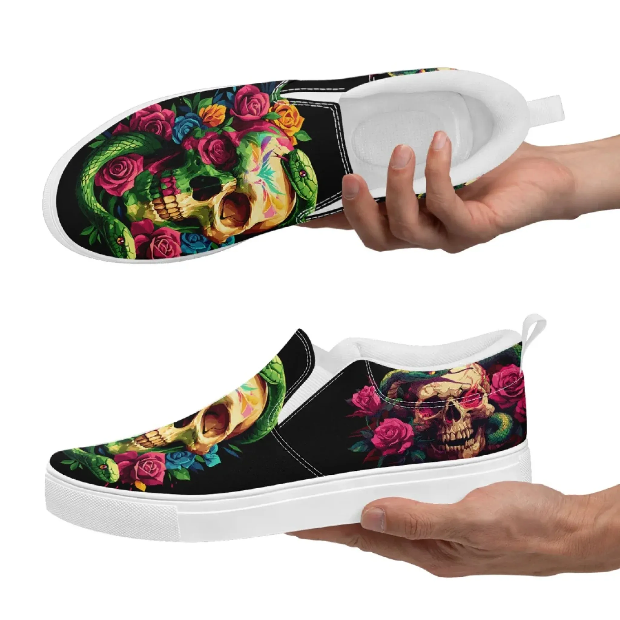 Personalized Gothic Fashion Sneakers, Custom Skull Slip On Shoes, Skeleton Unisex Comfort Shoes
