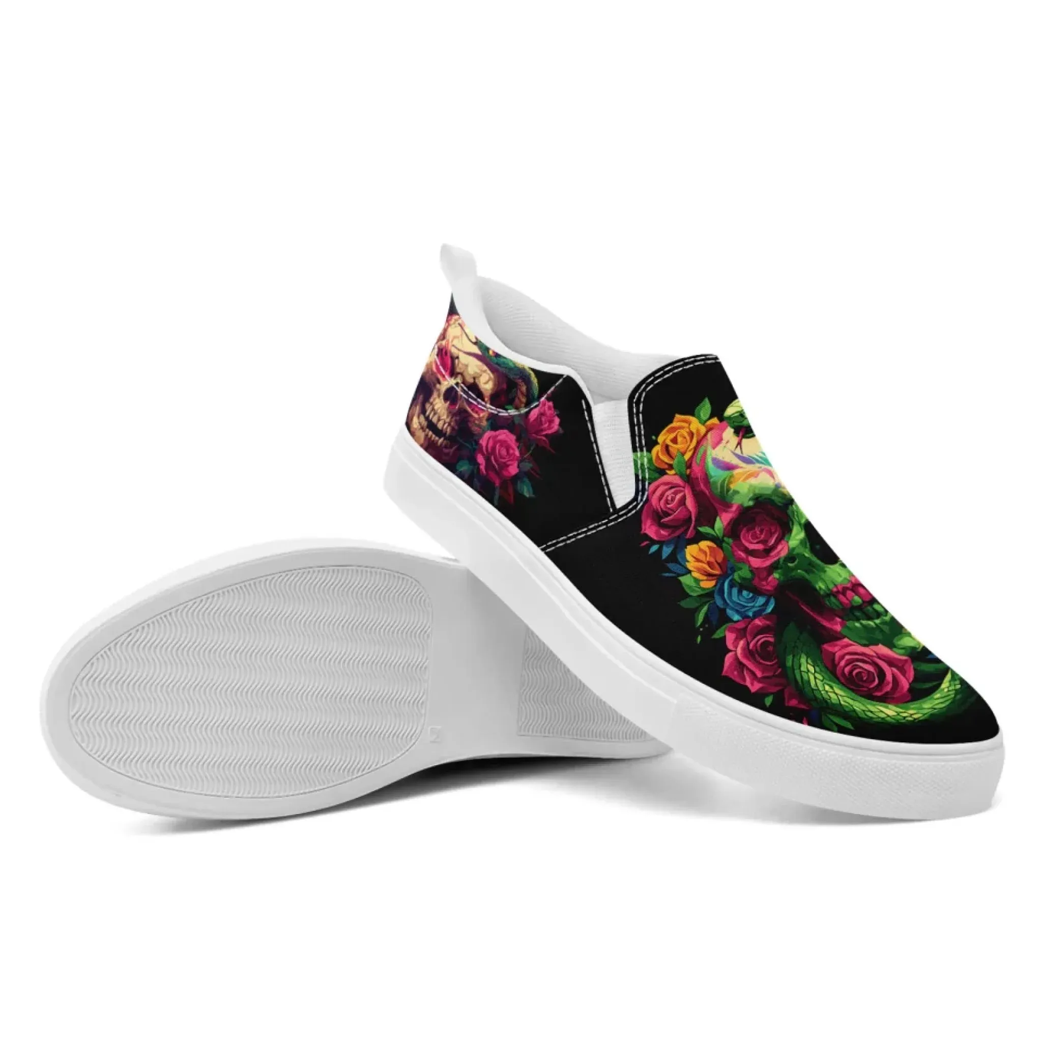 Personalized Gothic Fashion Sneakers, Custom Skull Slip On Shoes, Skeleton Unisex Comfort Shoes