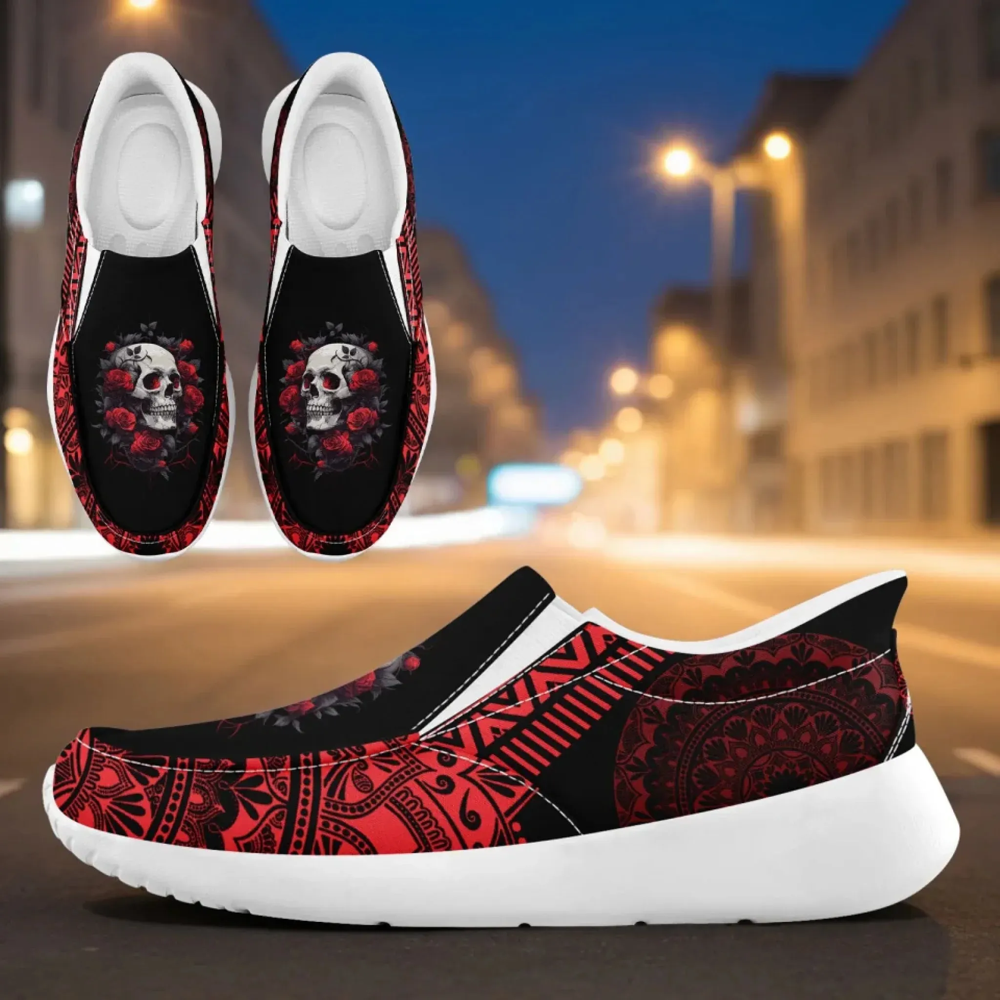 Personalized Gothic Sneakers, Custom Skull Fashion Shoes, Comfortable Unisex Slip On Shoes