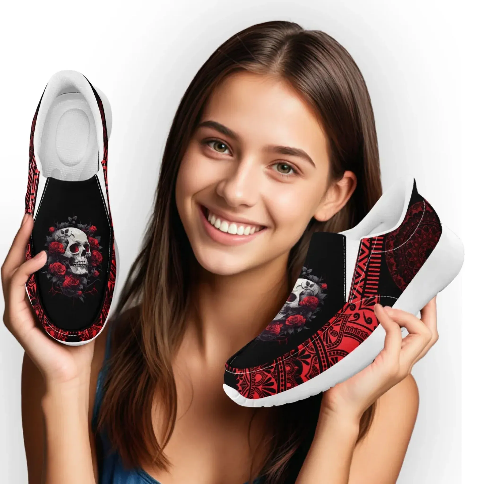 Personalized Gothic Sneakers, Custom Skull Fashion Shoes, Comfortable Unisex Slip On Shoes