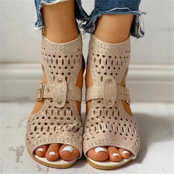 Sohiwoo  Women's Studded Hollow Out Buckled Sandals