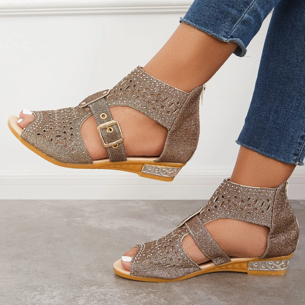 Sohiwoo  Women's Studded Hollow Out Buckled Sandals