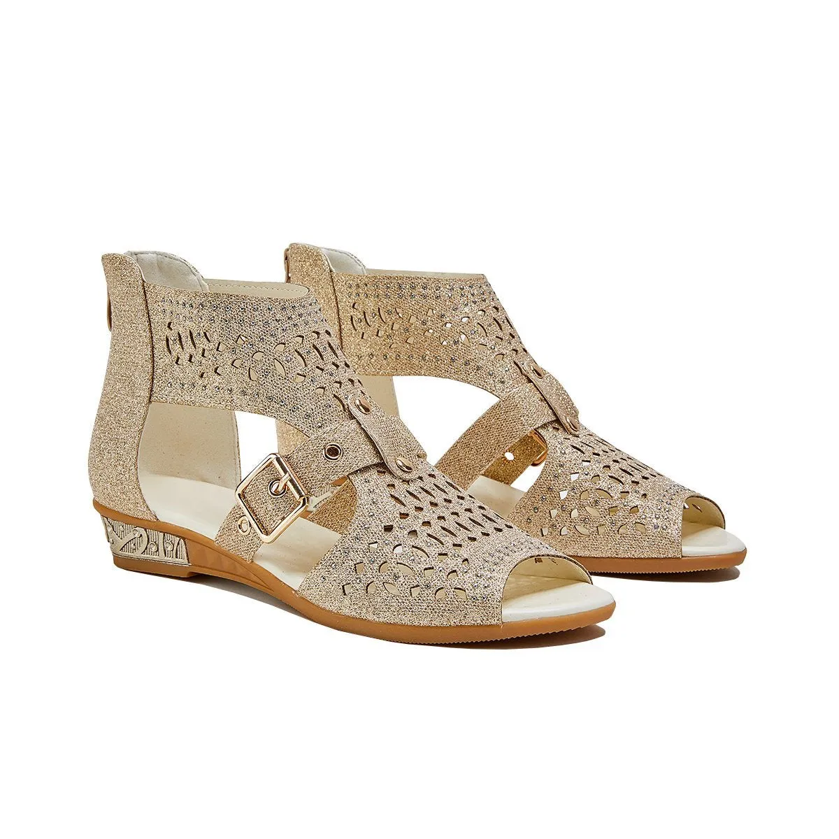 Sohiwoo  Women's Studded Hollow Out Buckled Sandals