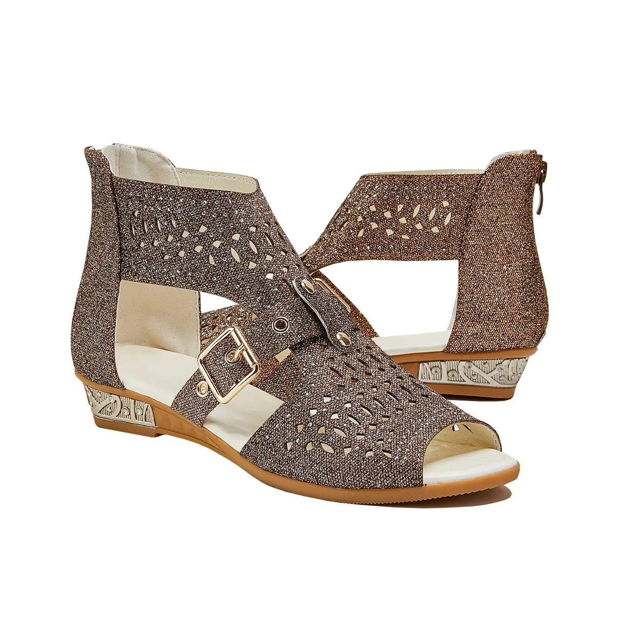Sohiwoo  Women's Studded Hollow Out Buckled Sandals