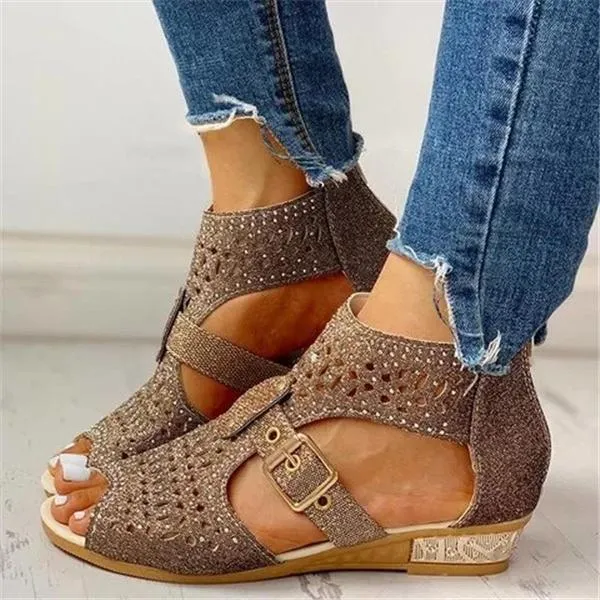 Sohiwoo  Women's Studded Hollow Out Buckled Sandals