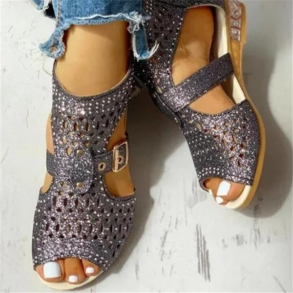 Sohiwoo  Women's Studded Hollow Out Buckled Sandals