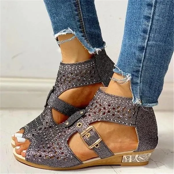 Sohiwoo  Women's Studded Hollow Out Buckled Sandals