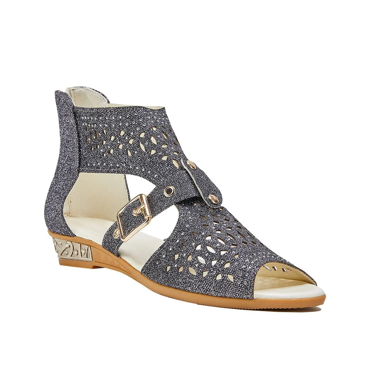 Sohiwoo  Women's Studded Hollow Out Buckled Sandals