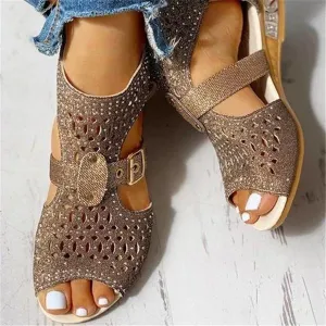 Sohiwoo  Women's Studded Hollow Out Buckled Sandals