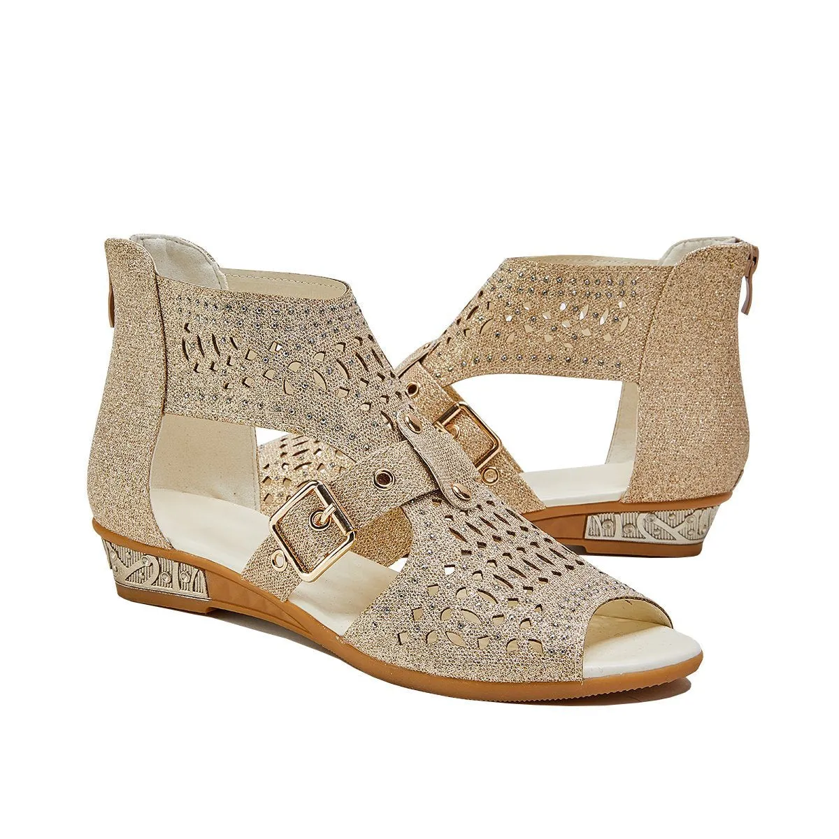 Sohiwoo  Women's Studded Hollow Out Buckled Sandals