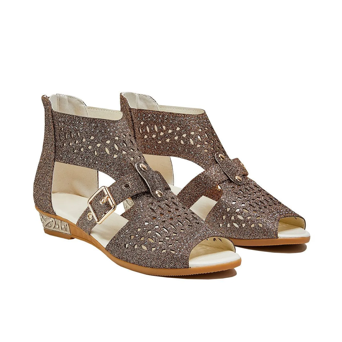Sohiwoo  Women's Studded Hollow Out Buckled Sandals