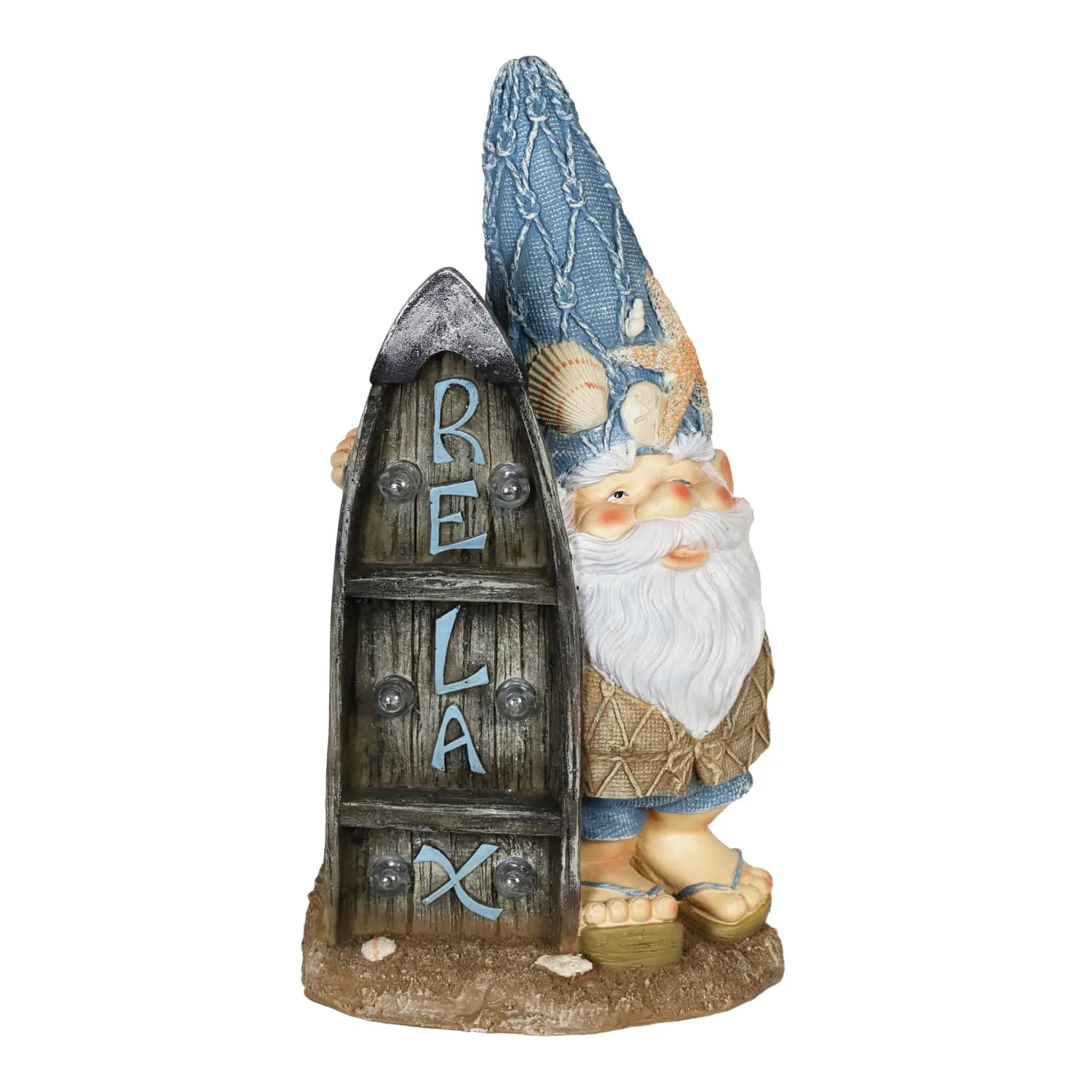 Solar Good Time Surfing Sol Beach Bum Gnome Garden Statue with Relax Marquee Surfboard Sign, 15.5 Inch