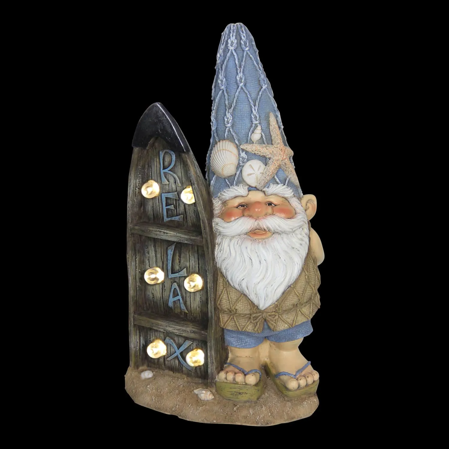 Solar Good Time Surfing Sol Beach Bum Gnome Garden Statue with Relax Marquee Surfboard Sign, 15.5 Inch