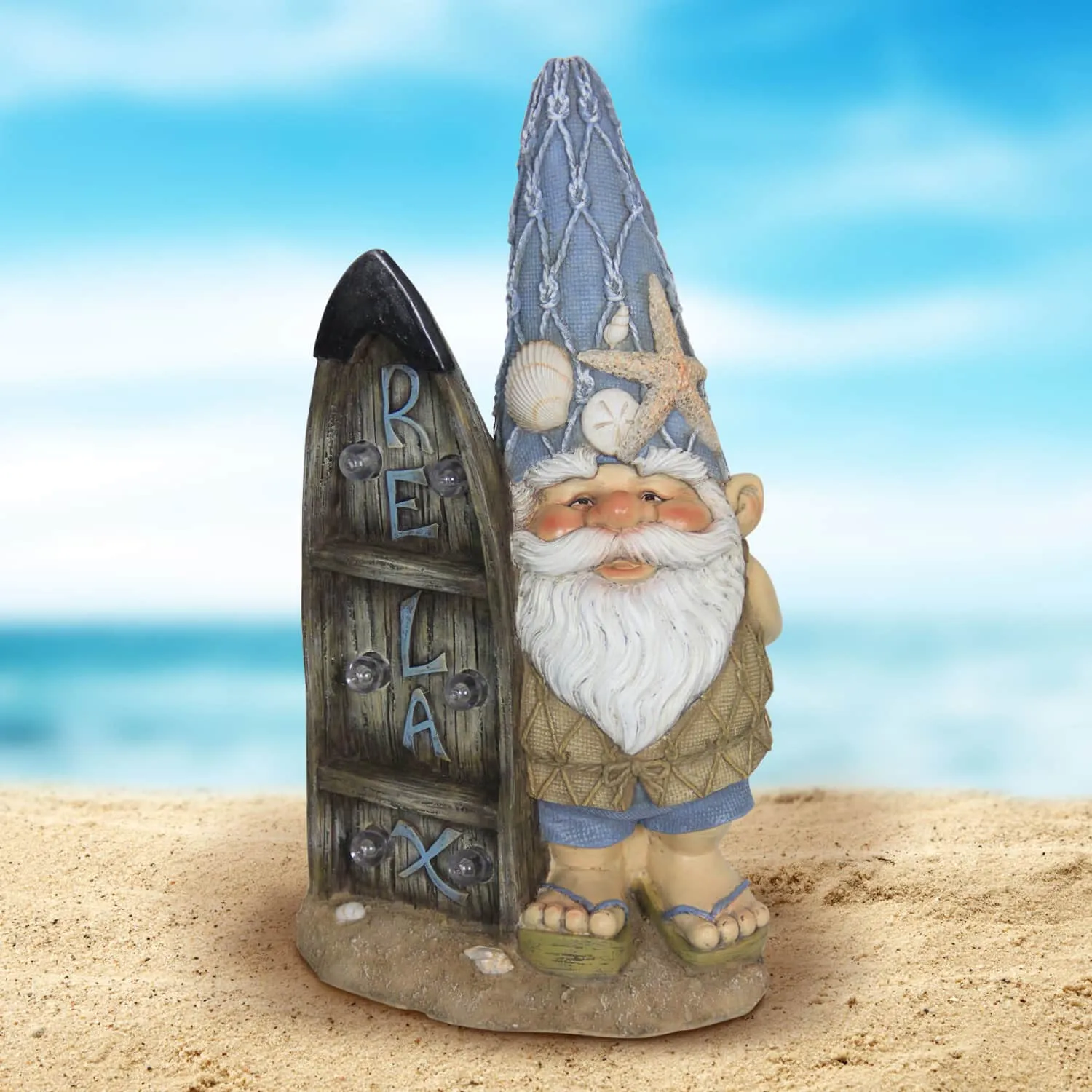 Solar Good Time Surfing Sol Beach Bum Gnome Garden Statue with Relax Marquee Surfboard Sign, 15.5 Inch